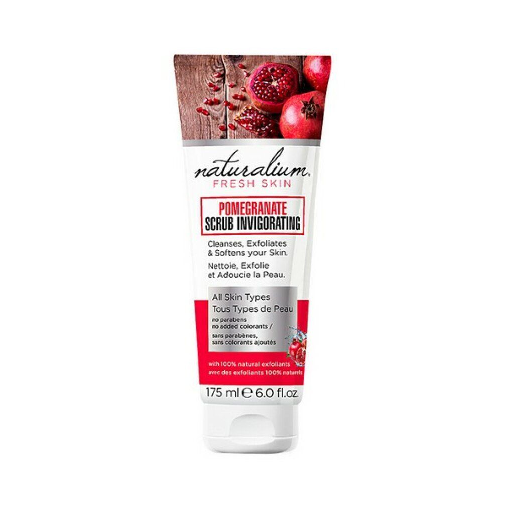 Tube Naturalium Pomegranate Facial Scrub. Produktname und Inhaltsstoffe aufgedruckt. Abbildung von Granatäpfeln.