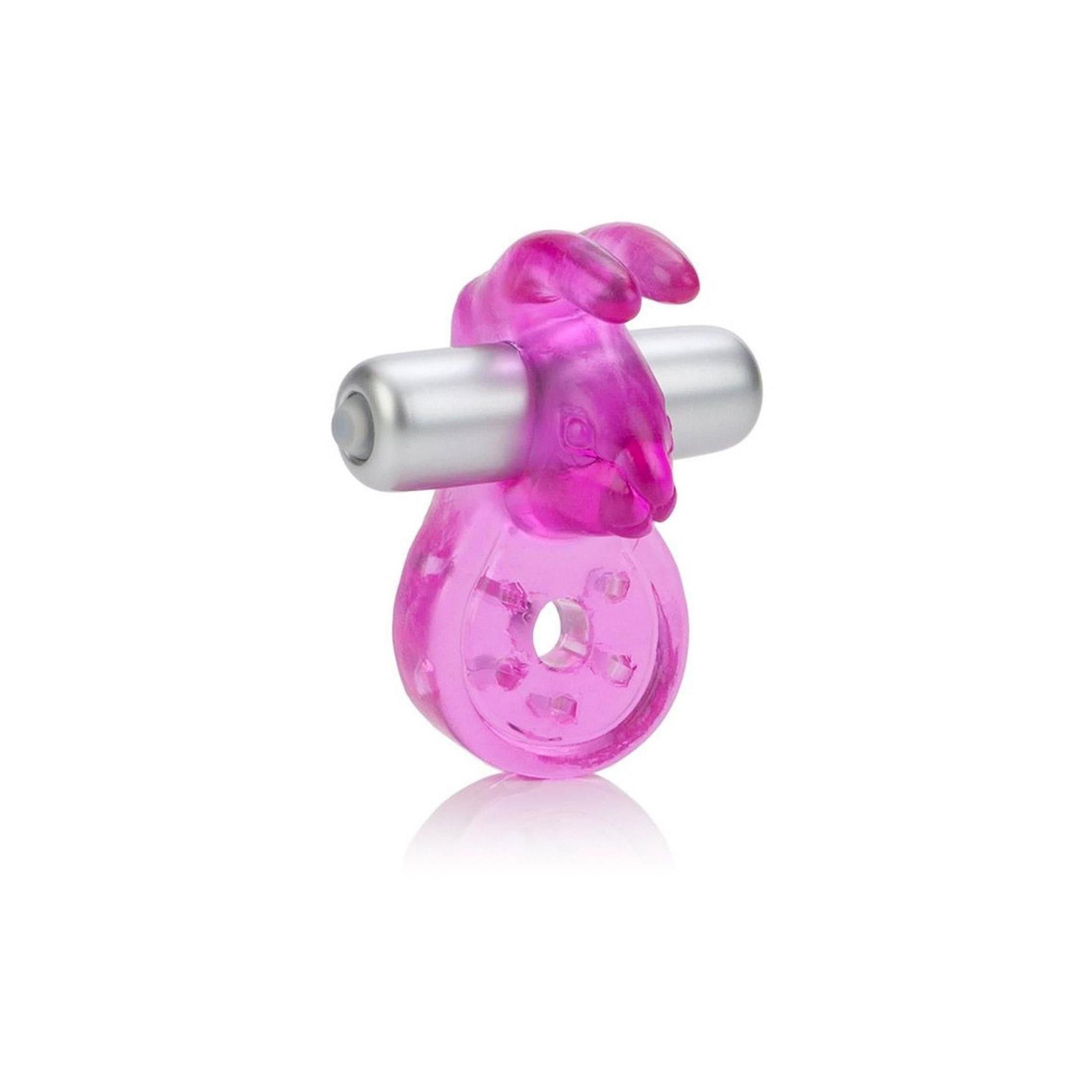 Rosa Vibrator mit Hasenohren und silbernem Zylinder. Der Zylinder ist durch die Ohren gehalten. Unterhalb des Zylinders befindet sich ein Ring.