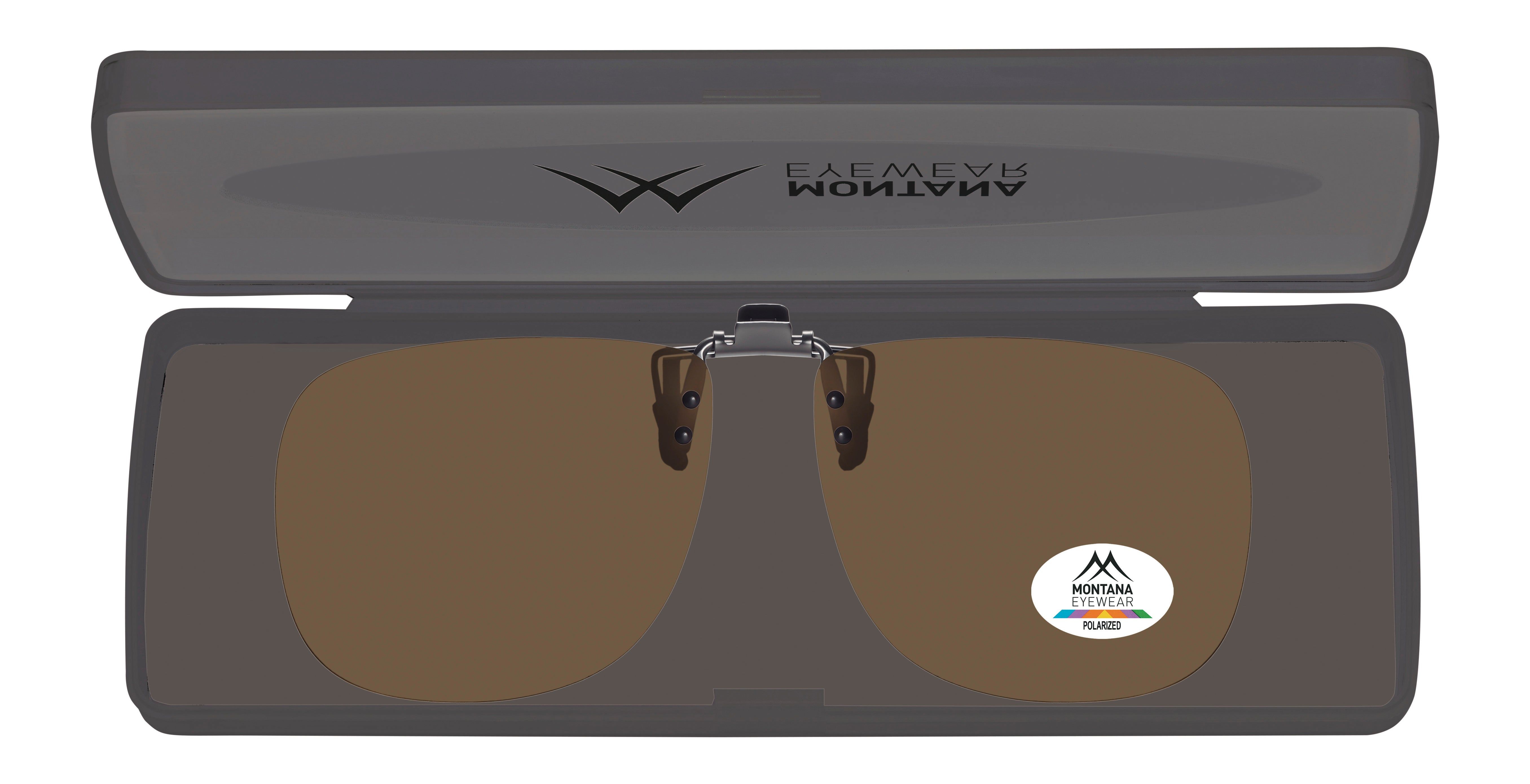 Clip-On-Sonnenbrille in einem Etui. Logo "MONTANA EYEWEAR POLARIZED".