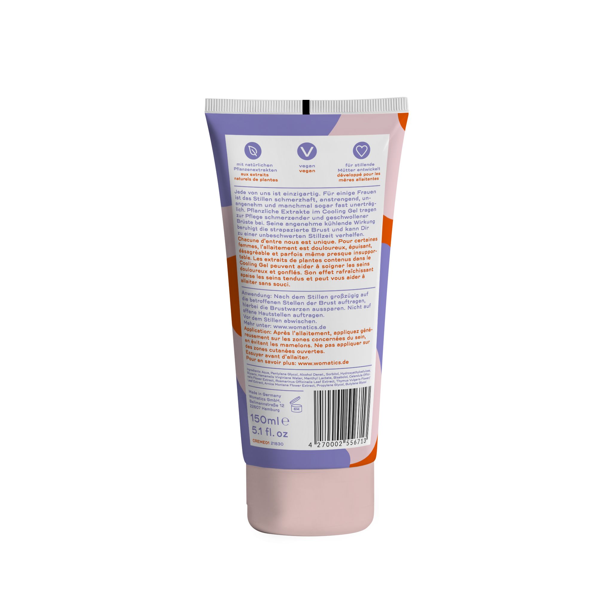 Rückseite einer Tube Mama Cooling Gel. Text und Design in Lila, Orange und Rosa. Vegan-Logo. Marke: womatics.