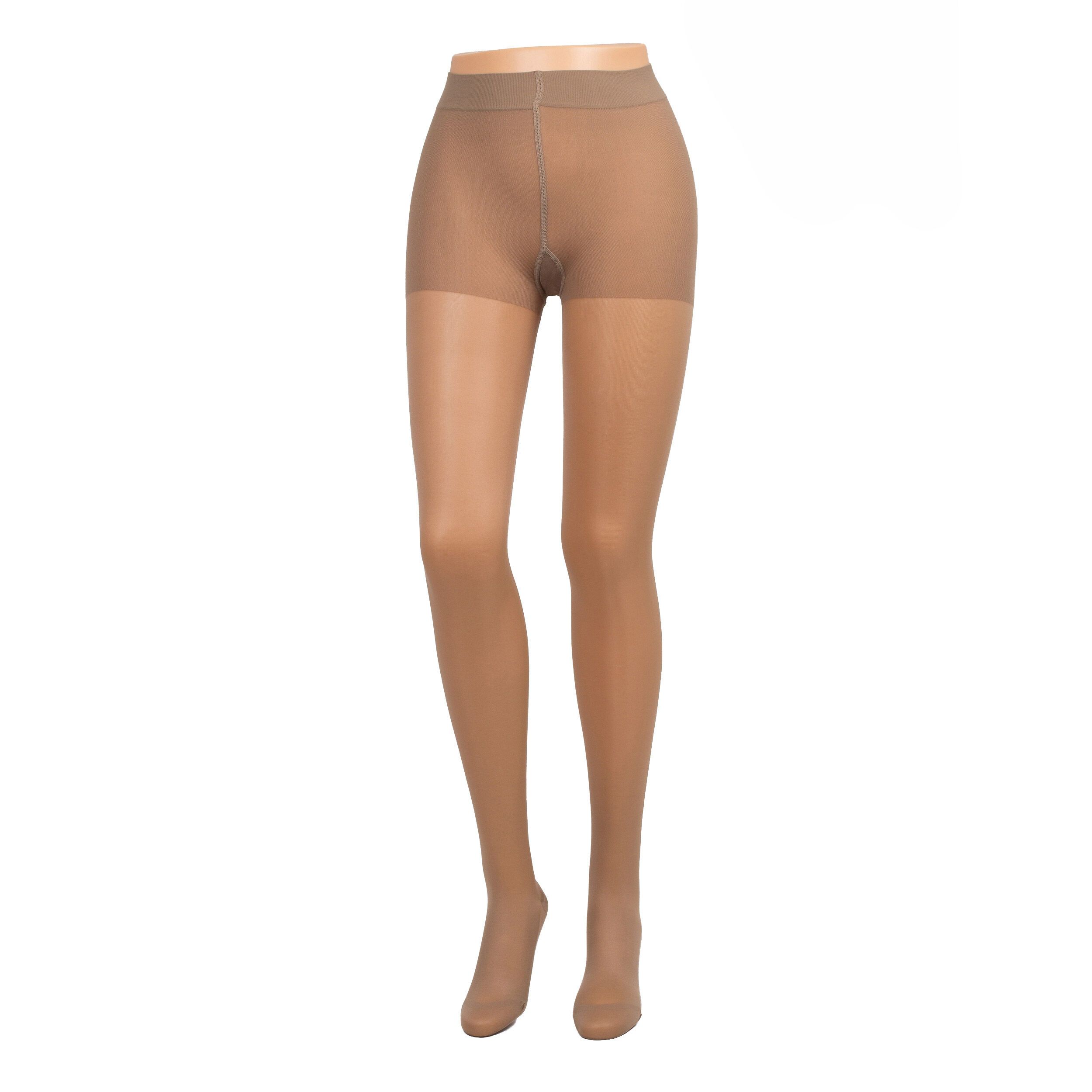 Hautfarbene Kompressionsstrumpfhose COMPRESSANA CALYPSO, auf einem Schaufensterpuppenbein präsentiert. Die Strumpfhose ist aus einem transparenten Material gefertigt und hat eine glatte Oberfläche. Sie reicht bis zur Taille und bedeckt die Füße.