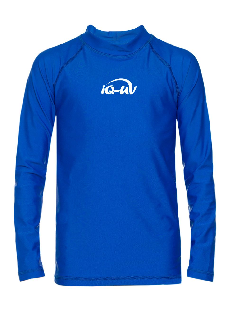 Blaues Langarm-UV-Shirt für Kinder. Weißes iQ-UV-Logo auf der Brust. Stehkragen und lange Ärmel.