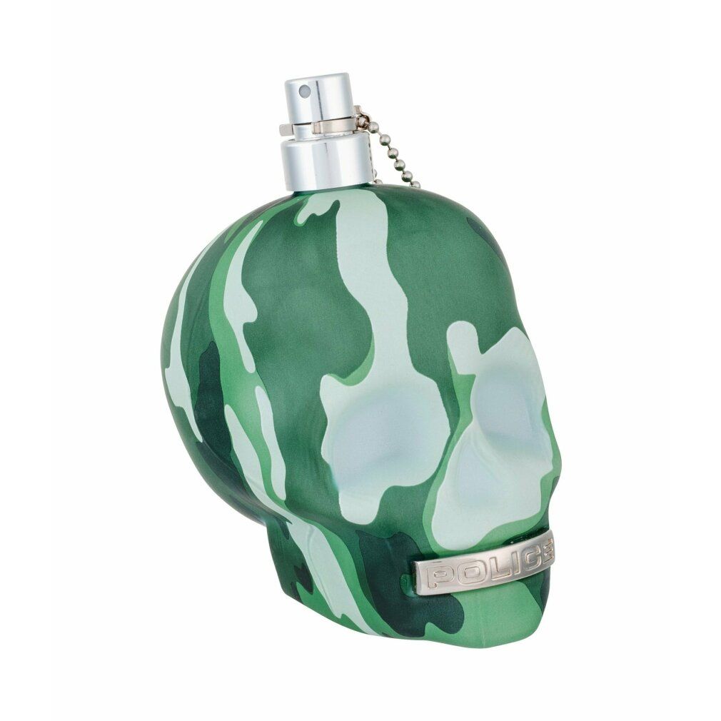 Grüner Totenkopf-Parfümflakon mit Camouflage-Muster. Silberner Zerstäuber mit Kette. Marke: Police.