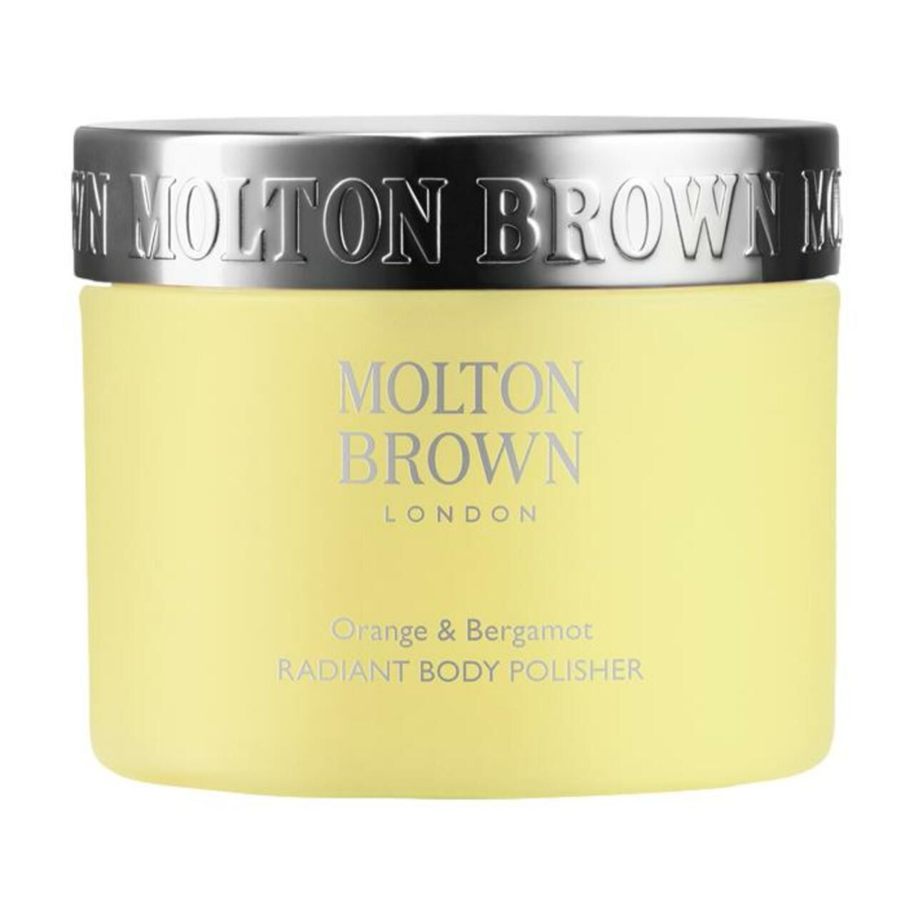 Gelbes Tiegel mit silbernem Deckel. Aufschrift: Molton Brown, Orange & Bergamot, Radiant Body Polisher.