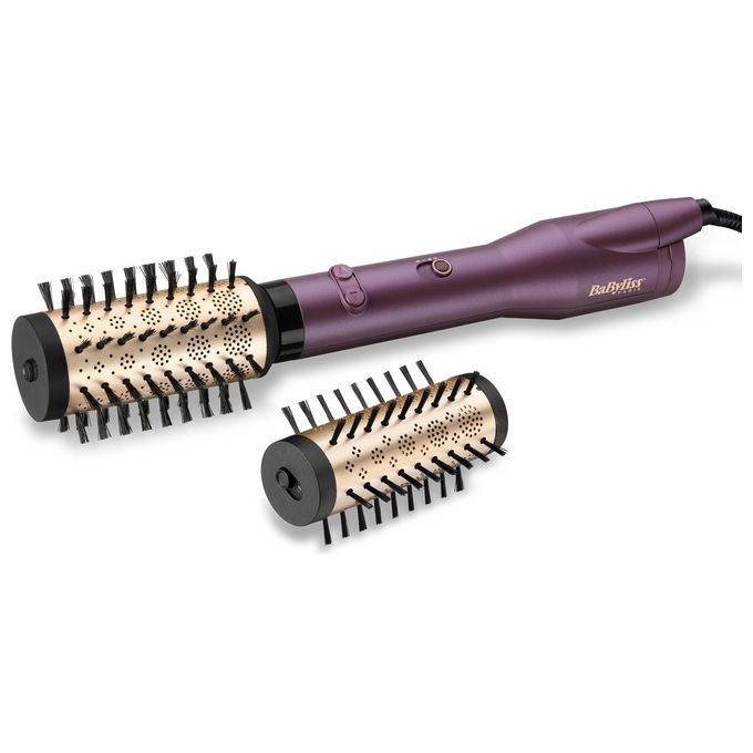 Haarbürste mit zwei Aufsätzen. Lila Griff, goldfarbene Bürstenköpfe. Marke BaByliss.