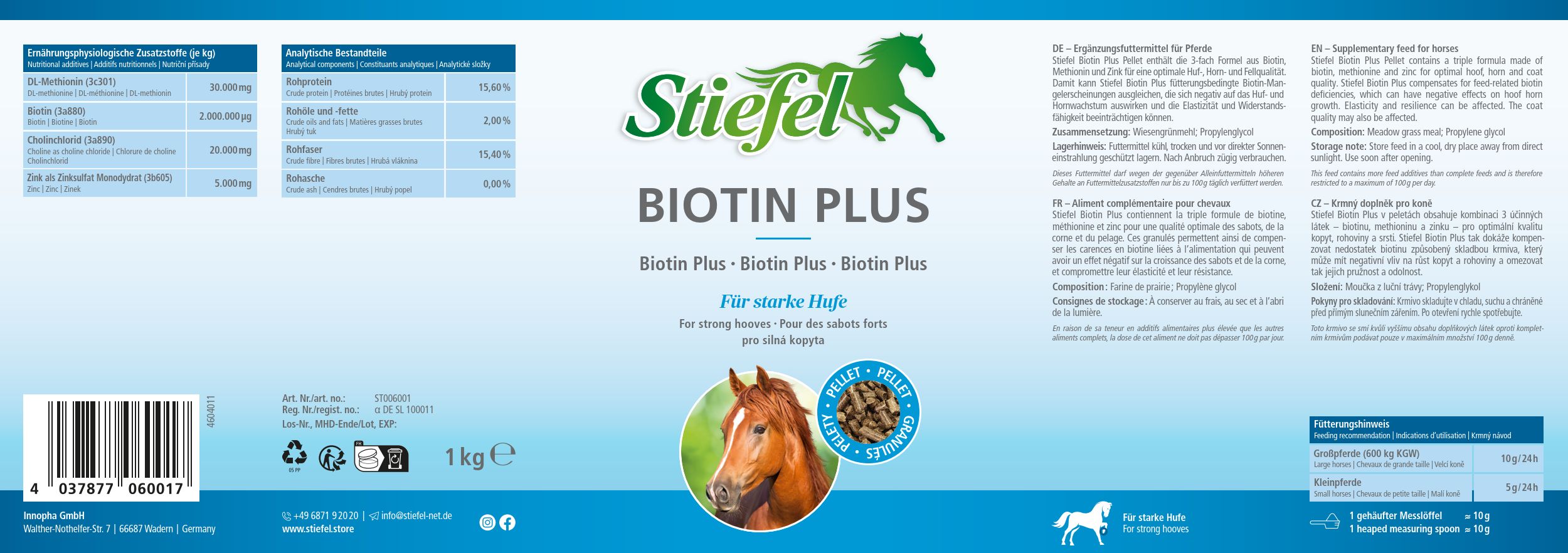 Produktetikett mit Stiefel Biotin Plus, 1 kg. Enthält Informationen zu Inhaltsstoffen und Nährwerten. Abbildung eines Pferdes.