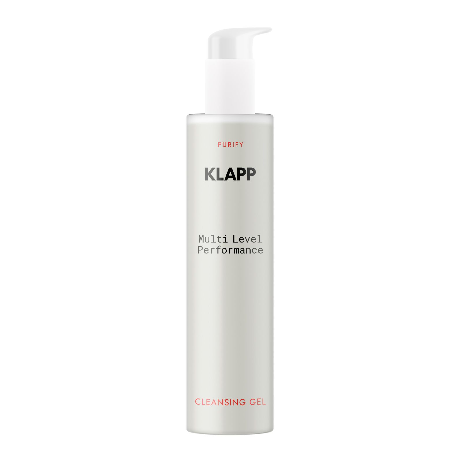 Zylindrische Flasche mit Pumpkopf. Aufschrift "KLAPP", "Multi Level Performance Cleansing" und "Cleansing Gel".