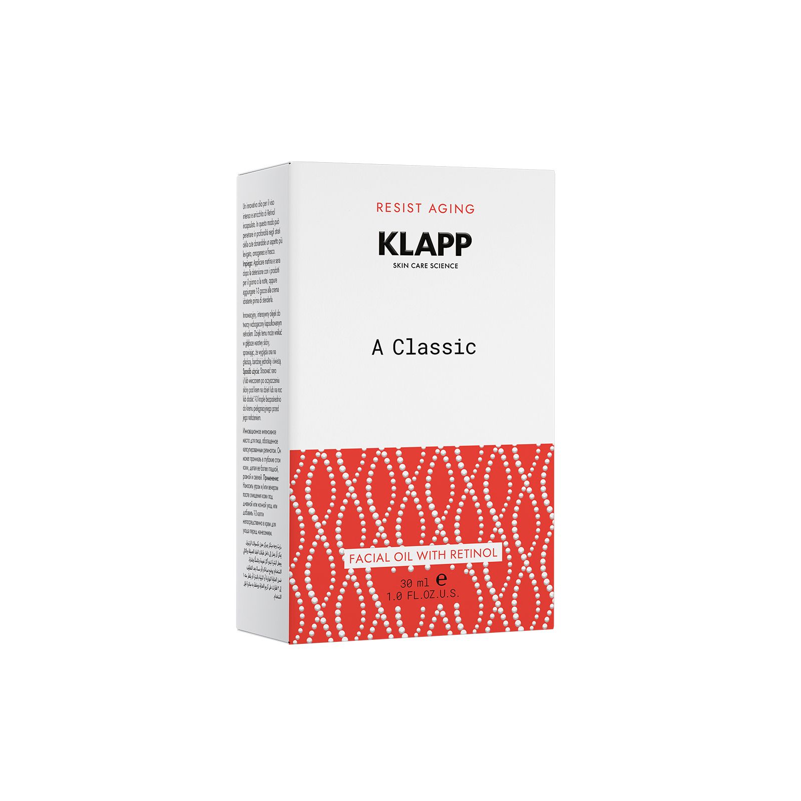 Weiße Verpackung mit rotem Muster. Aufschrift: KLAPP, A Classic, Facial Oil with Retinol.