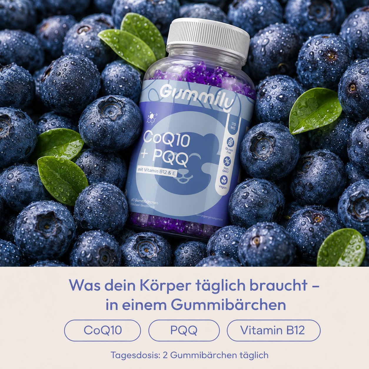 Gummily Coenzym Q10 + PQQ Flasche inmitten von frischen Blaubeeren.