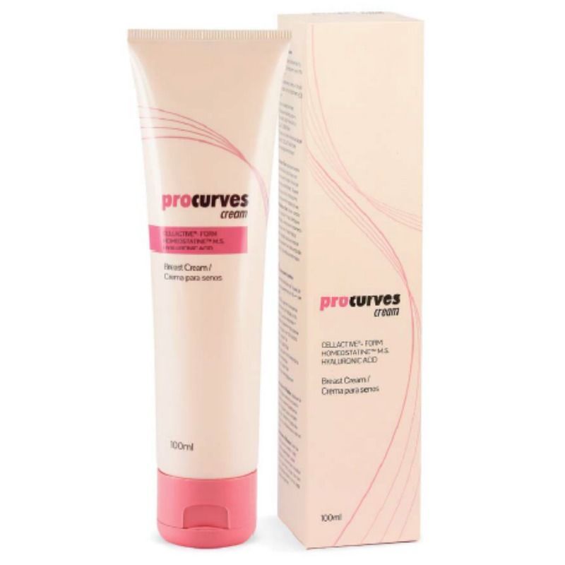 Creme-Tube und Schachtel. Aufschrift: Procurves cream. Brustcreme. Rosa und weiß.