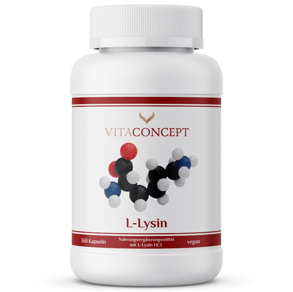 Weiße Flasche mit rotem Etikett. Aufschrift: VITACONCEPT L-Lysin. Abbildung eines Moleküls. 360 Kapseln, vegan.