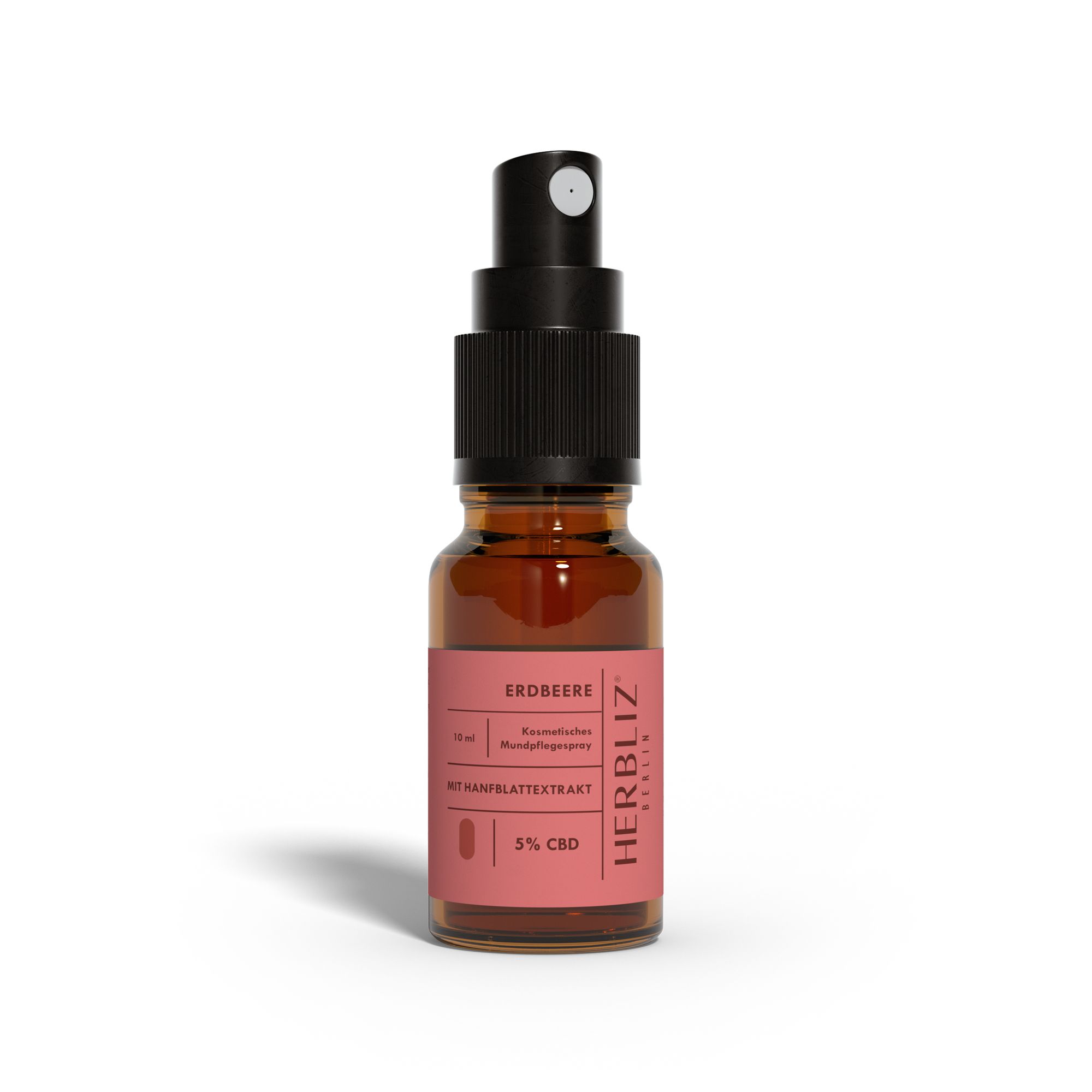 HERBLIZ Erdbeere CBD Öl, Flasche. Braune Glasflasche mit Sprühkopf und Etikett mit Produktinformationen.