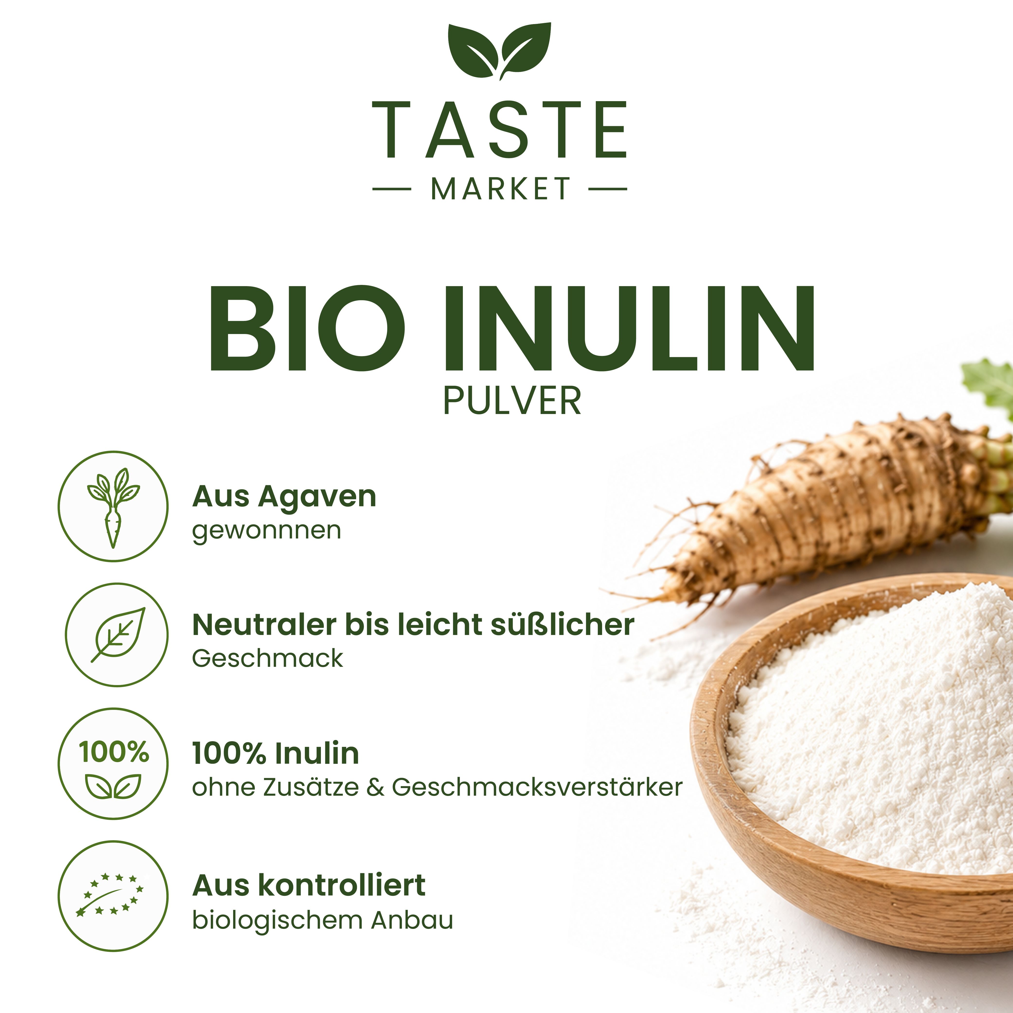 Taste Market Bio Inulin Pulver aus Agaven, neutraler Geschmack, 100% Inulin.