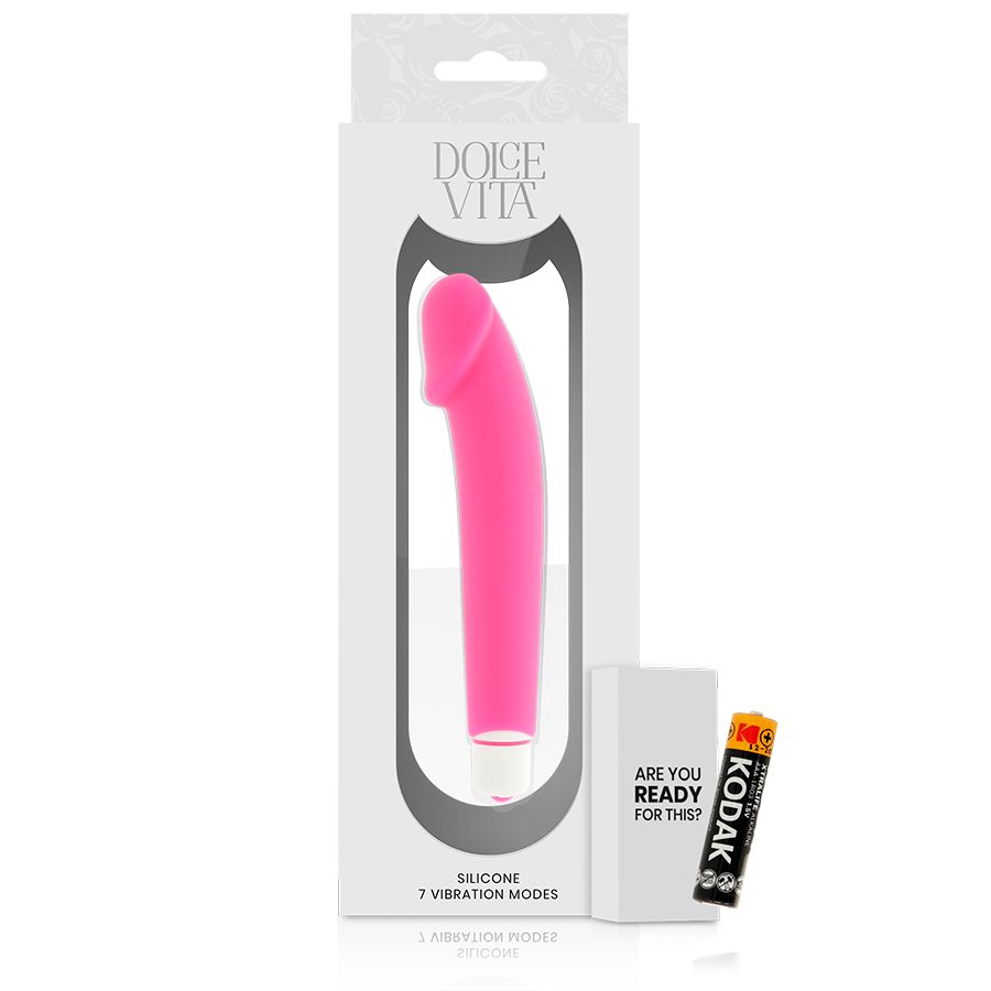 Pinkfarbener Silikon-Vibrator mit weißem Sockel. In Verpackung mit Schriftzug 'Dolce Vita'. Mit Zubehör.