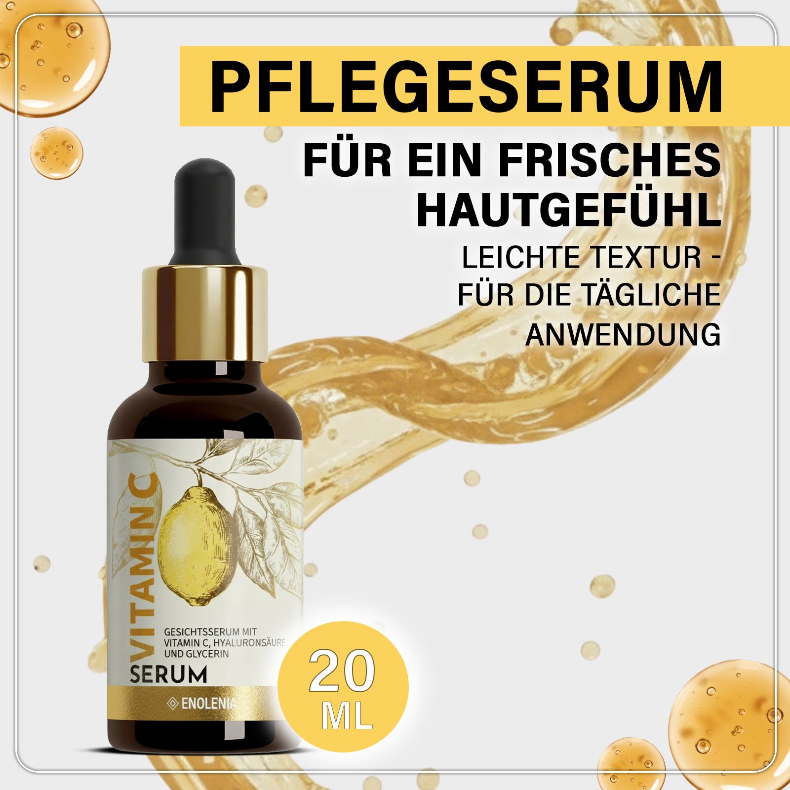 Braune Flasche mit Pipette, umgeben von gelben Flüssigkeitsspritzern. Aufschrift: Pflege-Serum. 20 ml. Mit Zitrone-Grafik und Produktname.