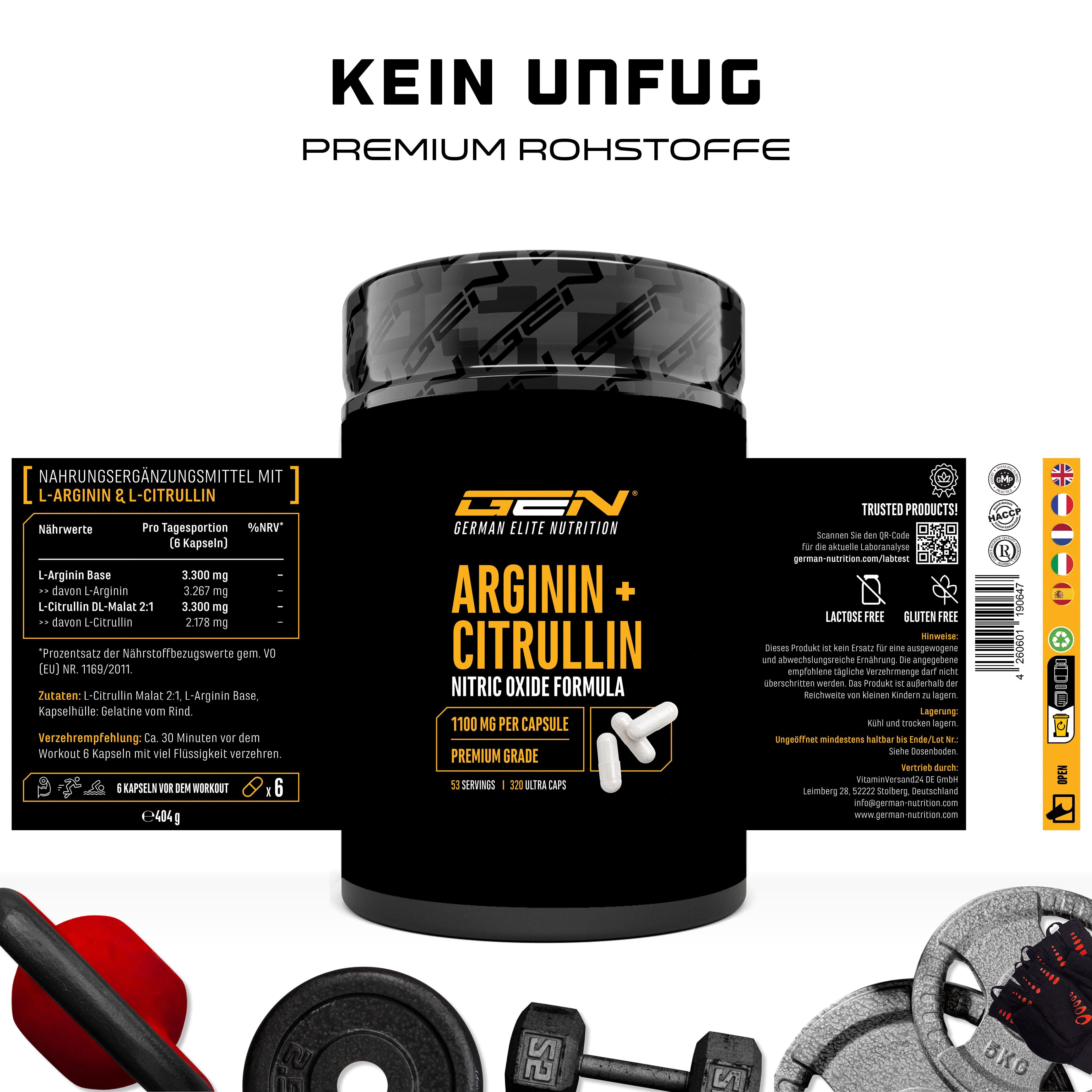 Produktverpackung von GEN Arginin + Citrullin. Schwarze Dose mit weißen Kapseln. Enthält Informationen und Zertifizierungen.