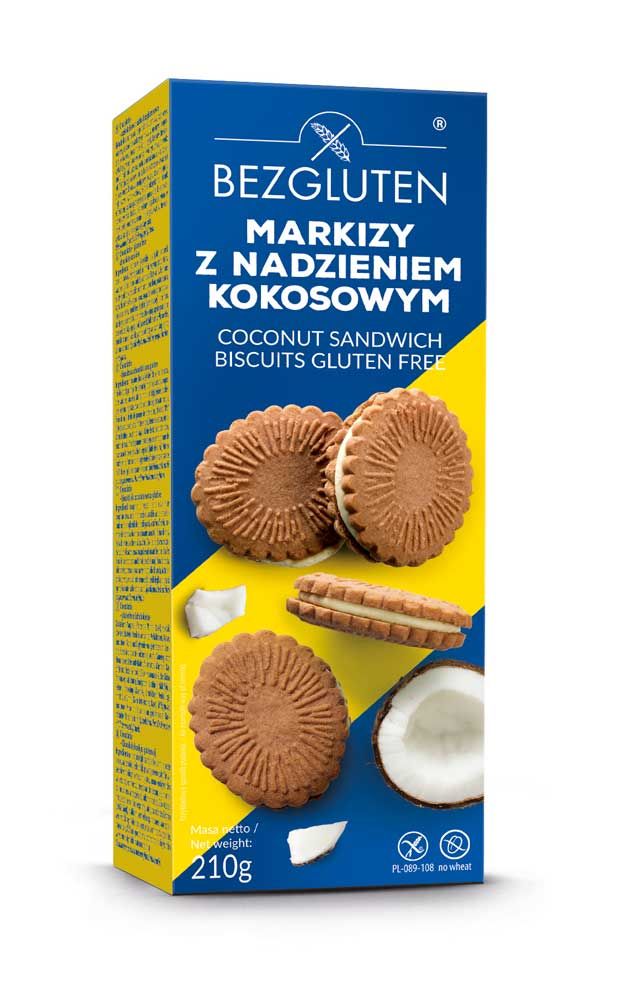 Verpackung von Bezgluten Kokos Sandwich Keksen. Blaue und gelbe Schachtel mit Produktbildern und Text.