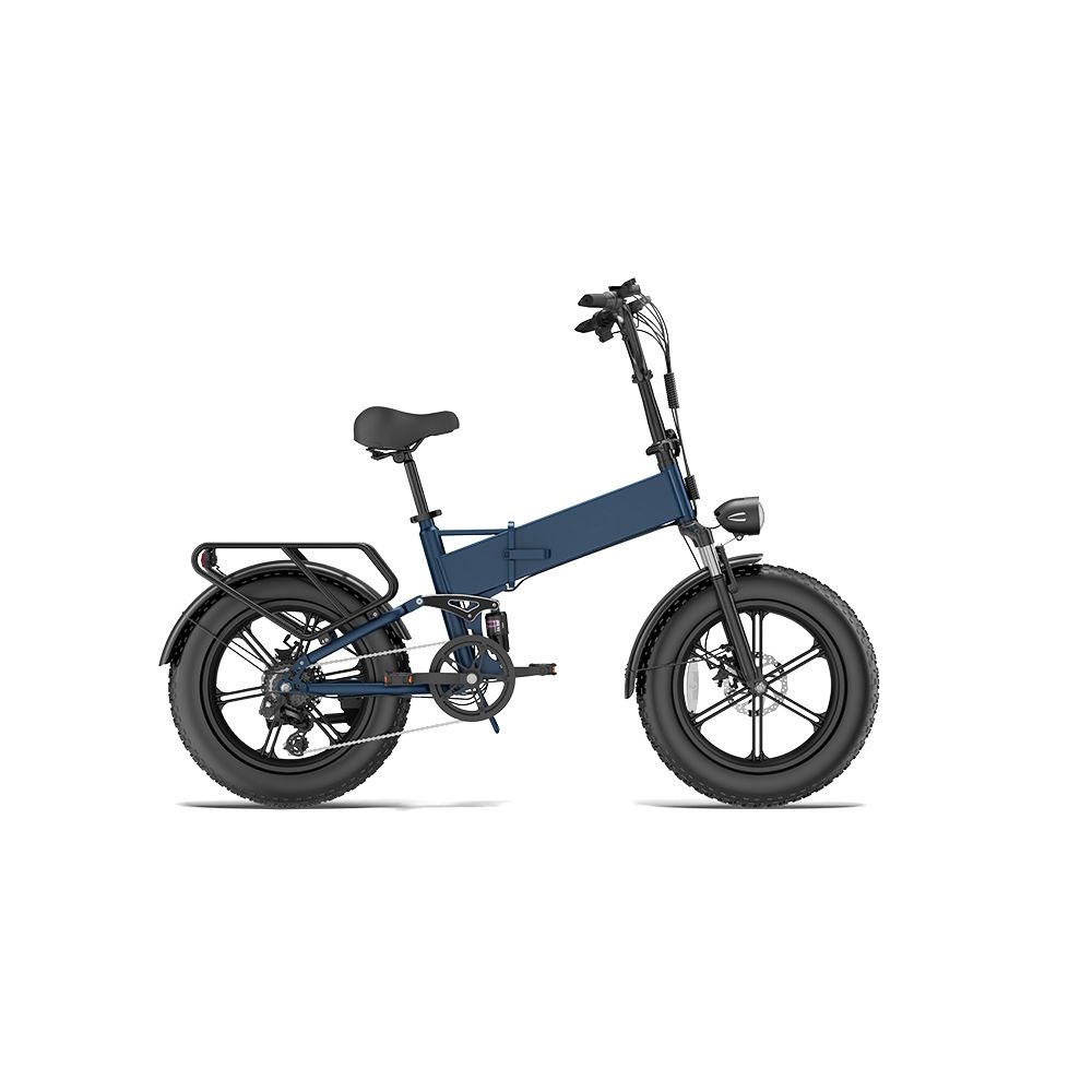 Faltbares Elektrofahrrad, Seitenansicht. Schwarze Reifen, Gepäckträger, Sattel. Blaues Rahmendesign. Auf weißem Hintergrund.