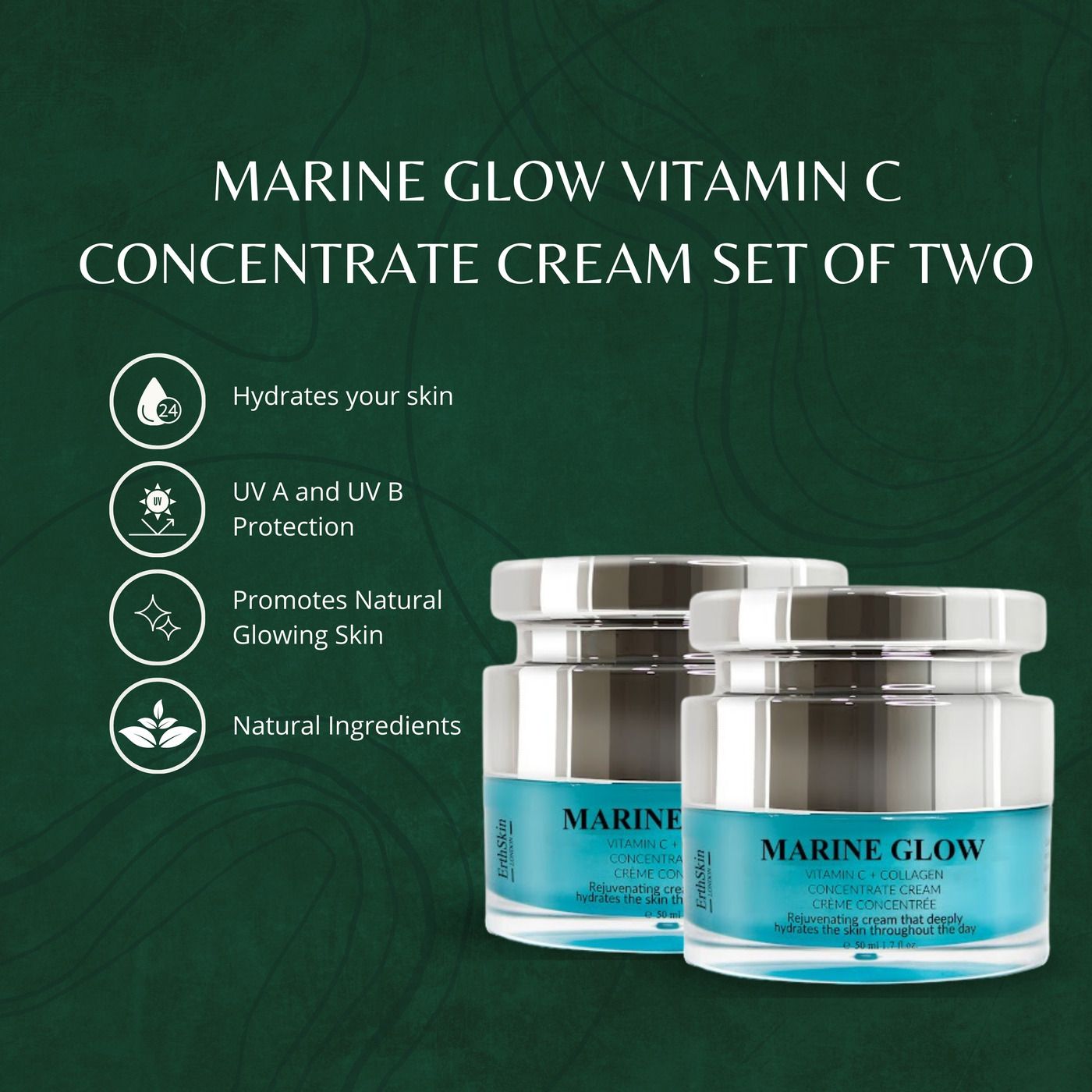Zwei Tiegel Creme mit silbernen Deckeln. Aufschrift: Marine Glow Vitamin C Concentrate Cream. Türkisfarbener Boden. Text: Hydrates your skin, etc.