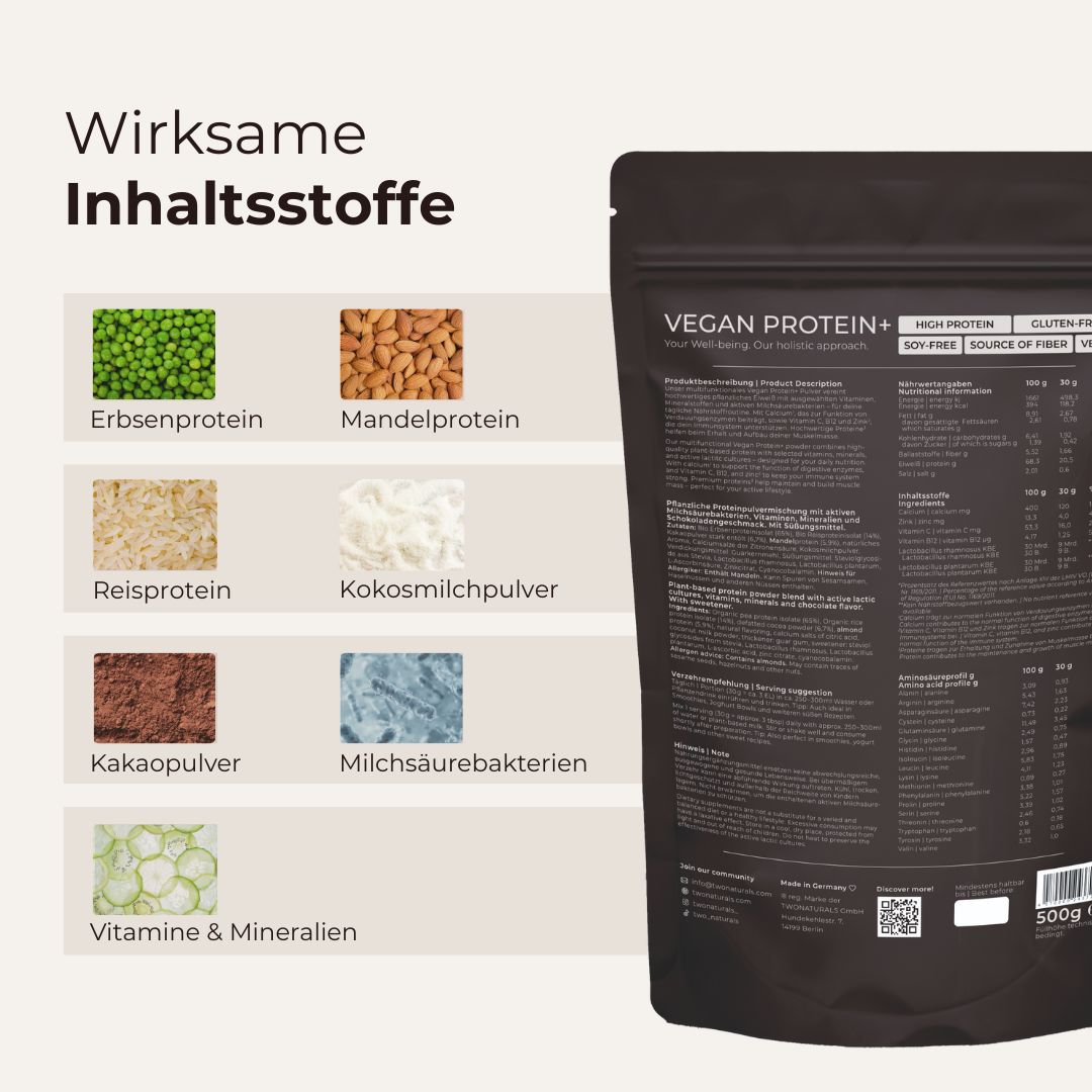 Inhaltsstoffe von TWONATURALS VEGAN PROTEIN+: Erbsenprotein, Mandelprotein, Reisprotein, Kokosmilchpulver, Kakaopulver, Milchsäurebakterien.