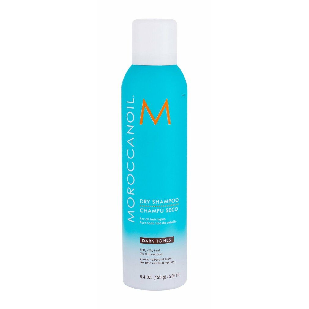 Trockenshampoo-Flasche für dunkles Haar. Türkis-farbene Dose mit weißem Deckel. Aufschrift: MOROCCANOIL, DRY SHAMPOO, DARK TONES.
