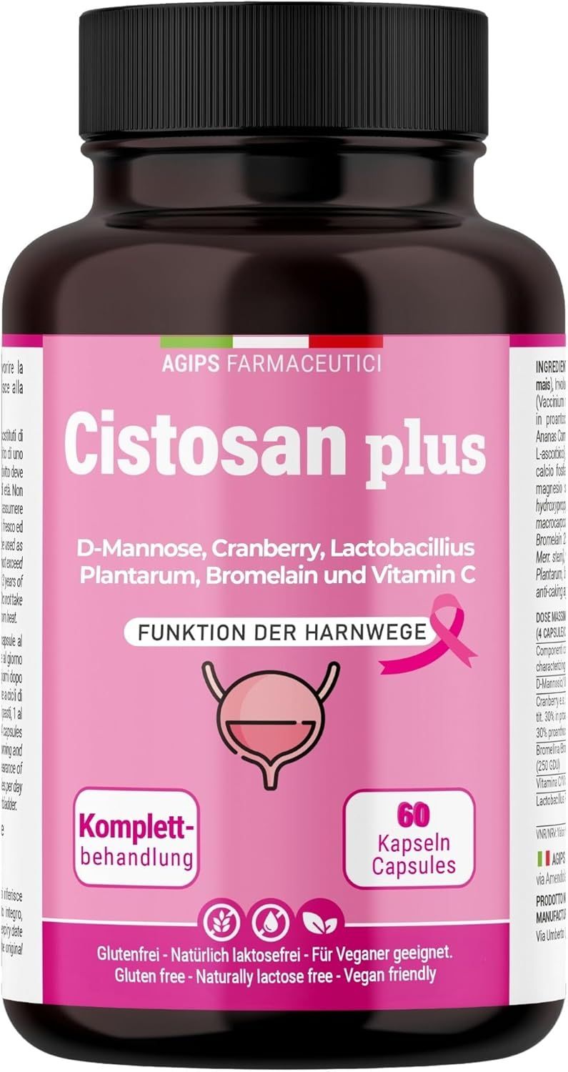 Braune Flasche mit Kapseln. Text: Cistosan plus. Inhaltsstoffe: D-Mannose, Cranberry, Lacto. Plantarum, Bromelain, Vitamin C. 60 Kapseln. Glutenfrei.