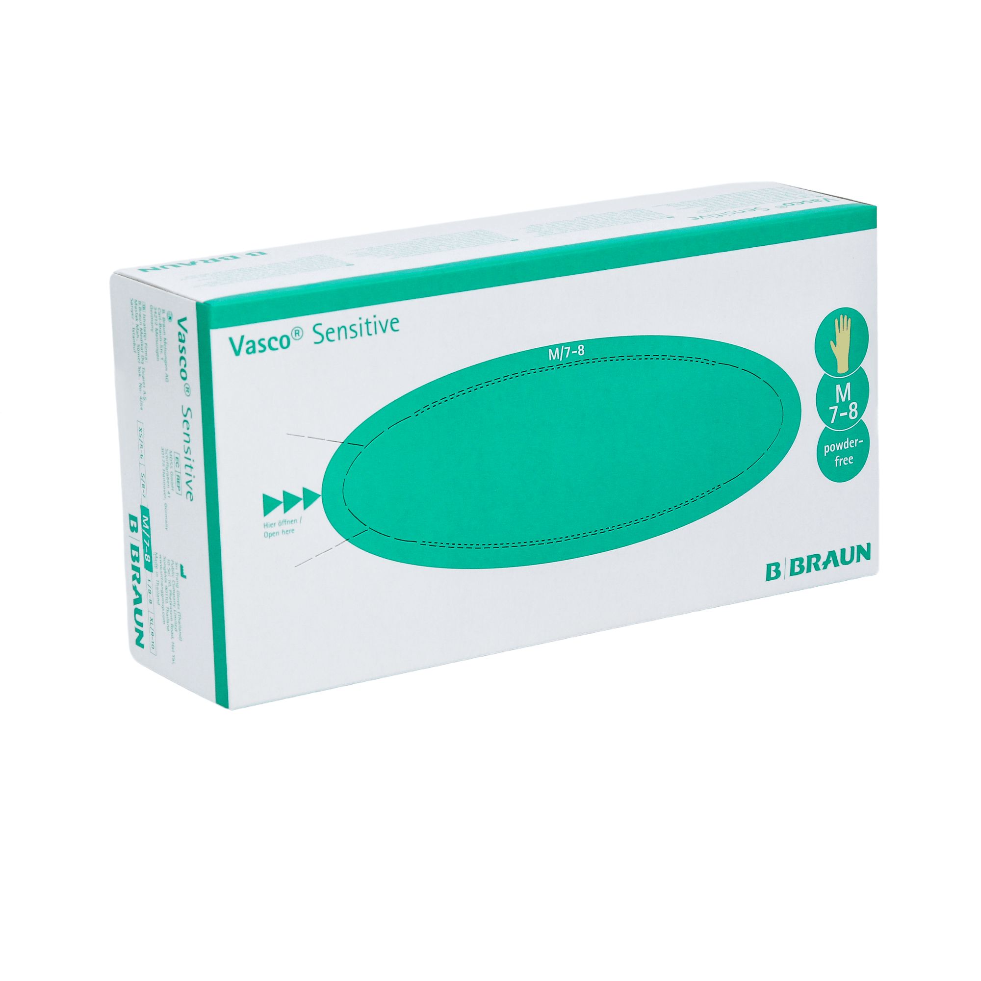 Verpackung von B. Braun Vasco® Sensitive Untersuchungshandschuhen. Weißer Karton mit grünen Akzenten. Aufschrift: Vasco® Sensitive, Größe M 7-8.