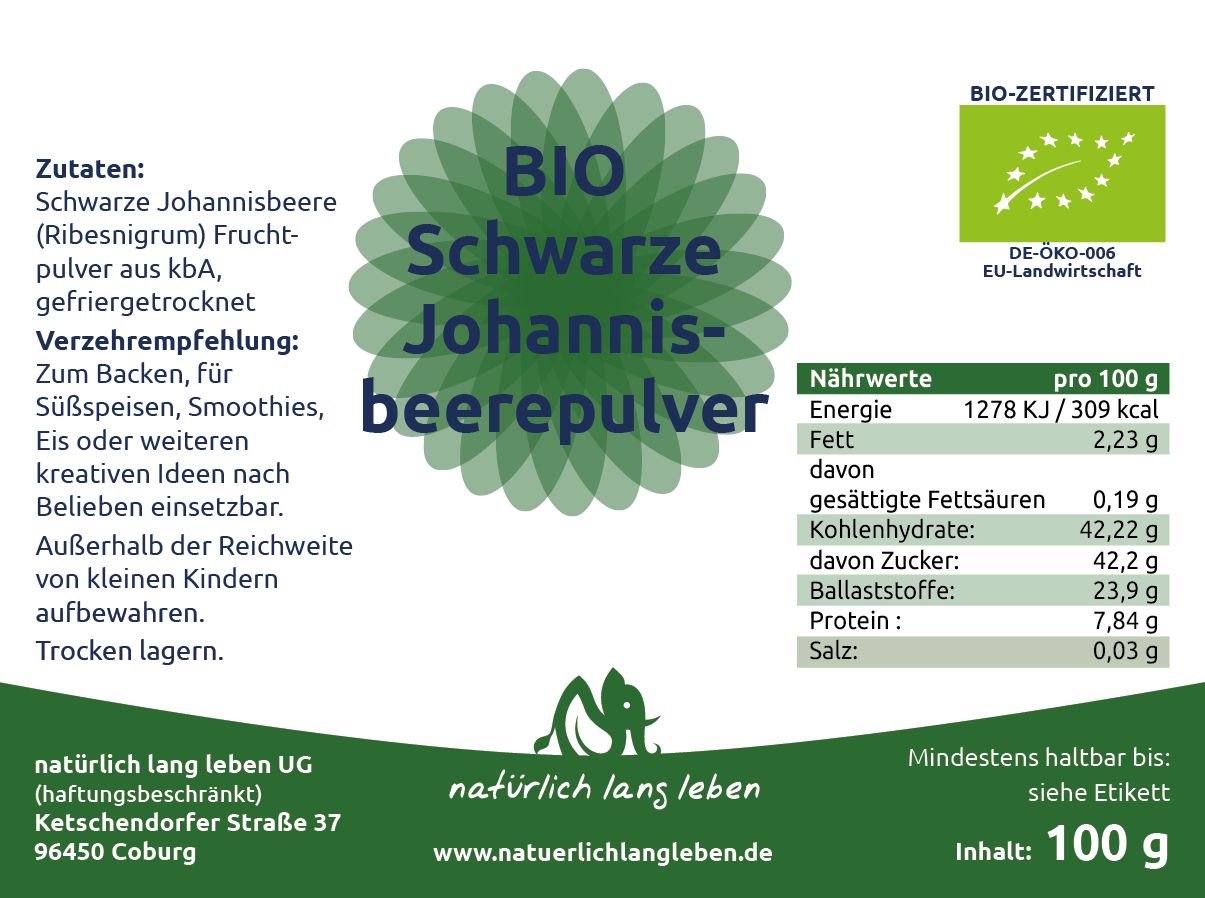 natürlich lang leben BIO Schwarze Johannisbeere (Cassis) Fruchtpulver 100 g Pulver