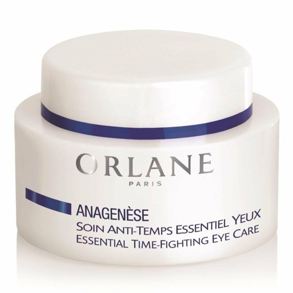 Weißer Tiegel mit blauem Streifen und Deckel. Schriftzug: ORLANE PARIS, ANAGENÈSE, SOIN ANTI-TEMPS ESSENTIEL YEUX, ESSENTIAL TIME-FIGHTING EYE CARE.
