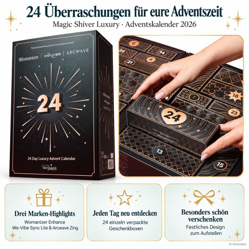 Ein Paar kuschelt vor einem geöffneten Adventskalender mit 24 nummerierten Schachteln.