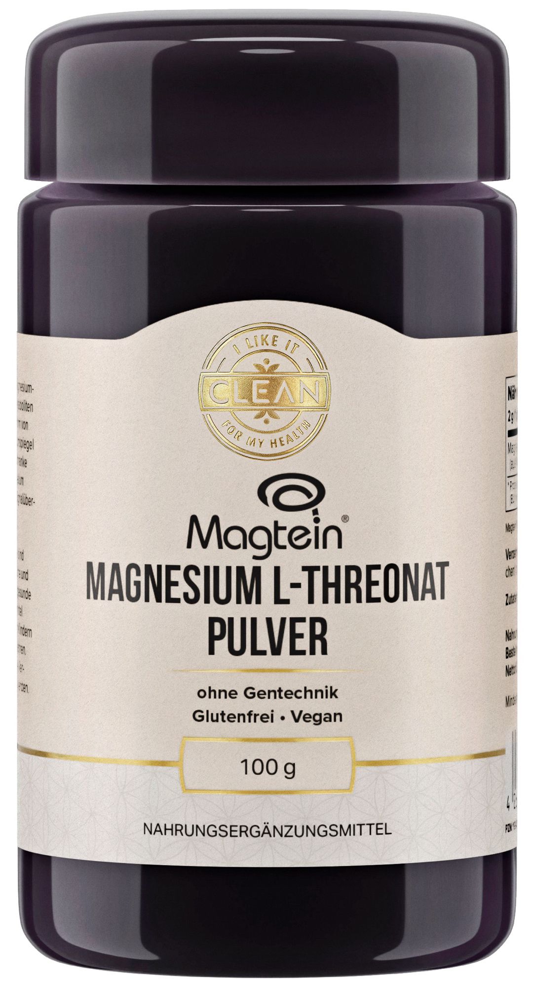 Dunkle Dose mit Pulver. Aufschrift: Magnesium L-Threonat Pulver, 100g. Siegel: Ohne Gentechnik, Glutenfrei, Vegan.