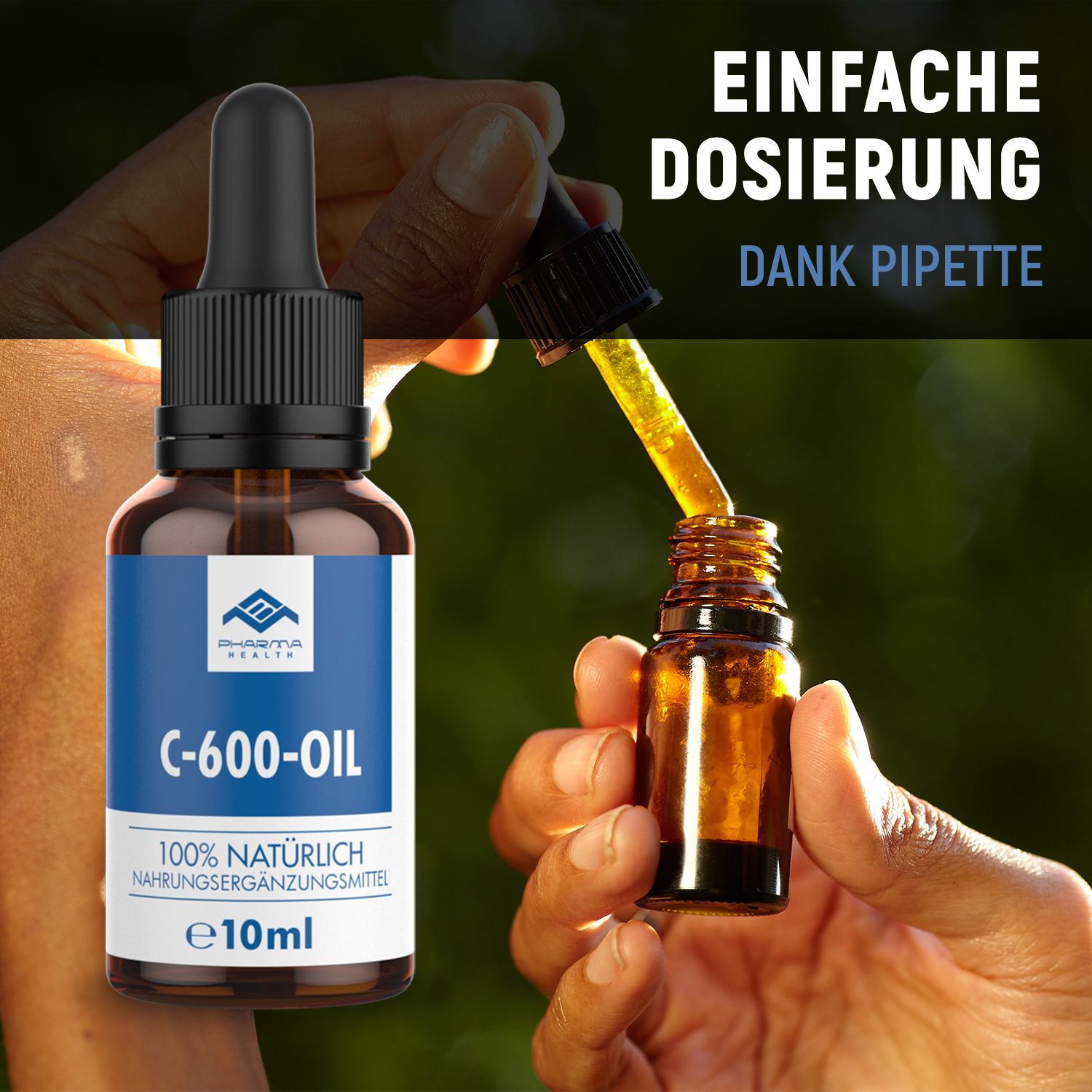 Produktflasche mit Tropfer, Tropfen werden in eine kleine Flasche gefüllt. Aufschrift C-600-OIL, 100% natürlich. Hintergrund: Natur.