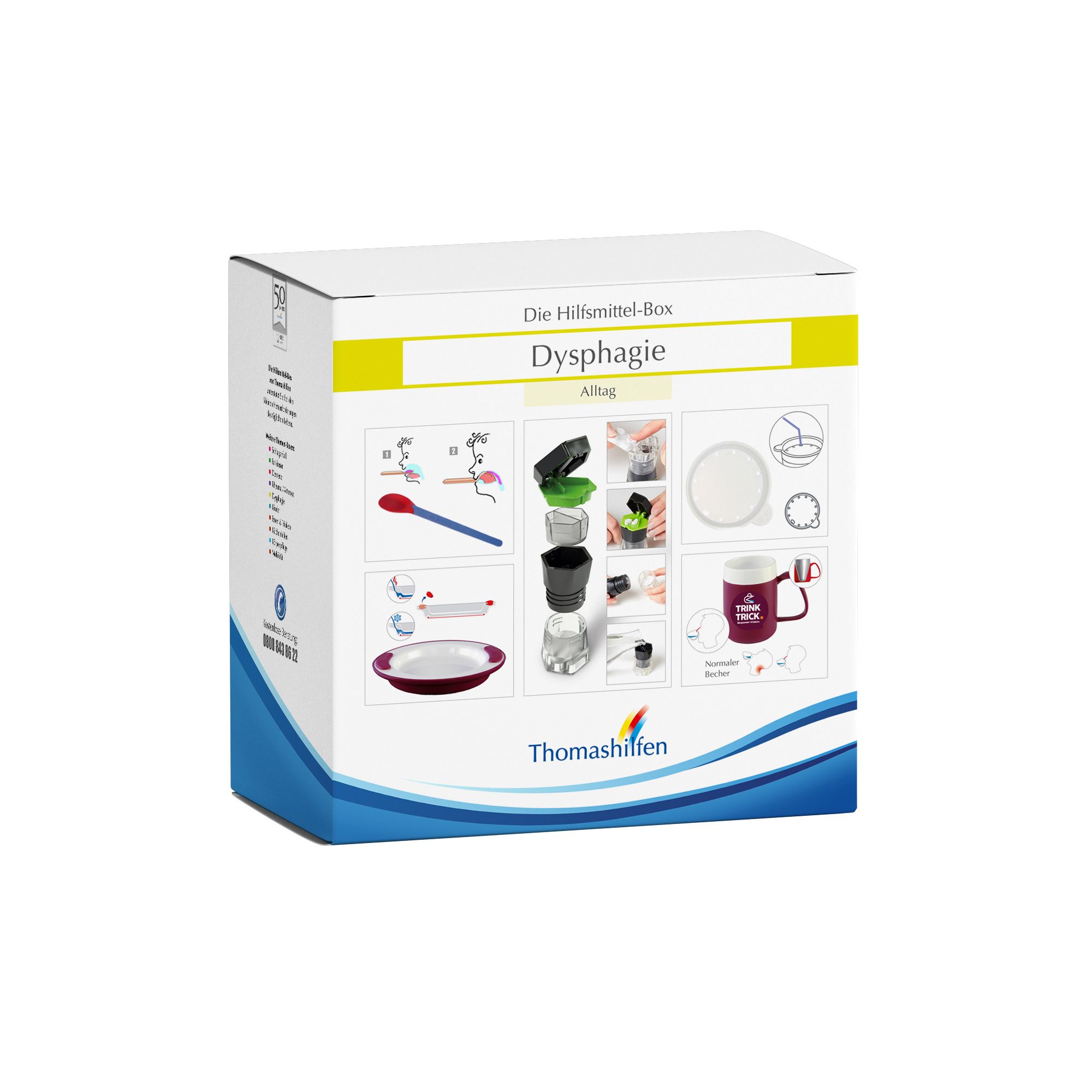 Box mit Hilfsmitteln für Dysphagie. Aufdruck: Dysphagie Alltag. Logo: Thomashilfen. Abgebildet sind verschiedene Produkte.