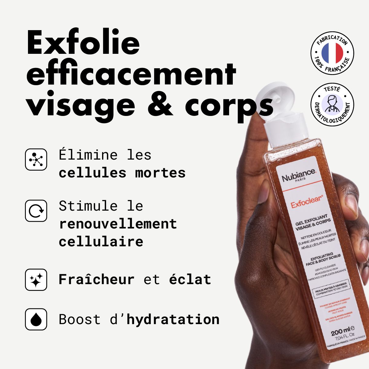 Exfoclear Gel für Gesicht & Körper. Entfernt abgestorbene Hautzellen, regt die Zellregeneration an.