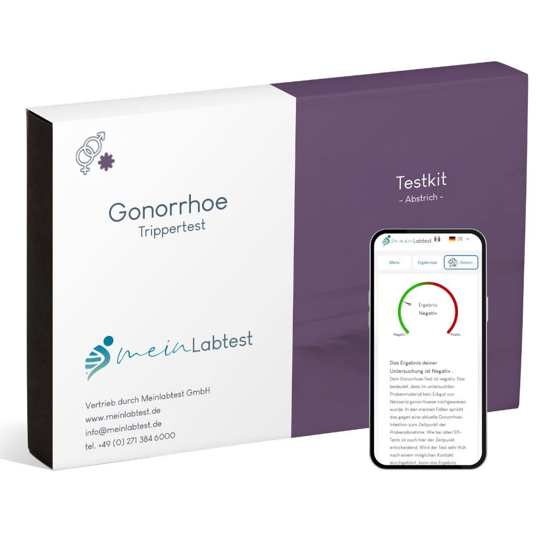 Schachtel mit Meinlabtest Tripper-Test und Smartphone. Aufschrift: Gonorrhöe Trippertest, Testkit Abstrich. Logo.