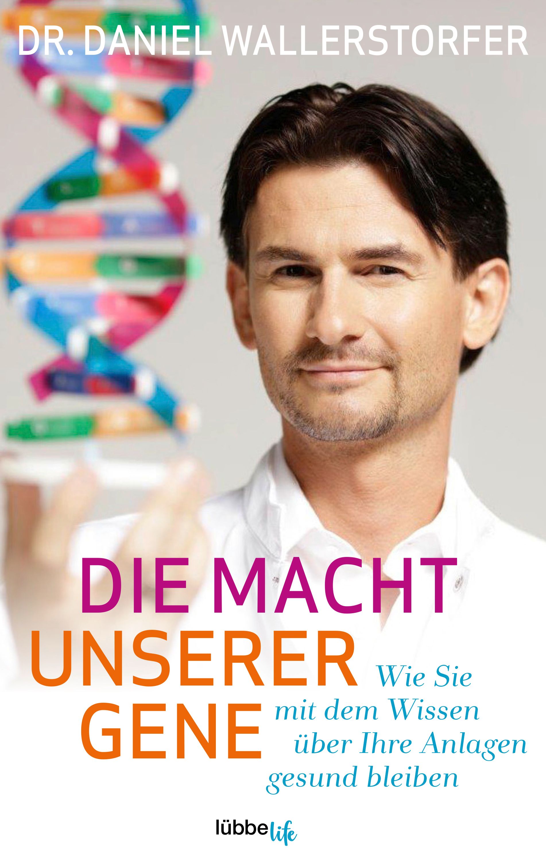 Buchcover mit dem Titel "Die Macht unserer Gene". Autor Dr. Daniel Wallerstorfer. Eine DNA-Doppelhelix im Hintergrund.