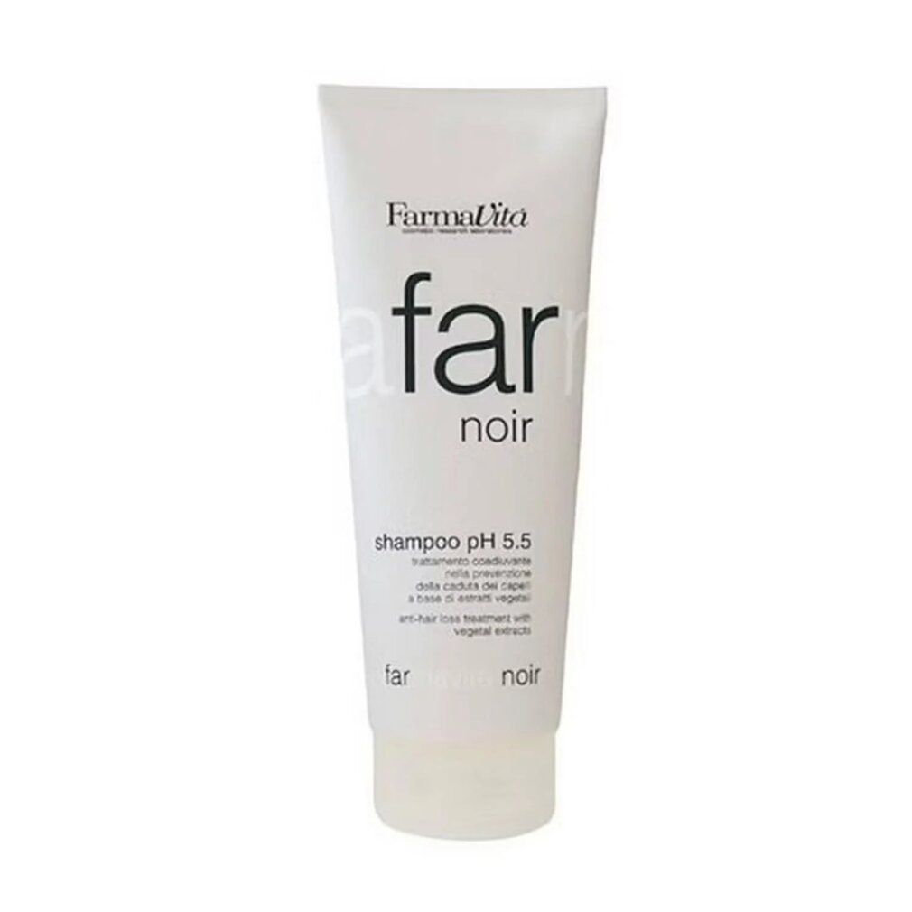 Weiße Tube mit schwarzem Aufdruck. Aufschrift: Far Noir, Shampoo pH 5.5, Farmavita.