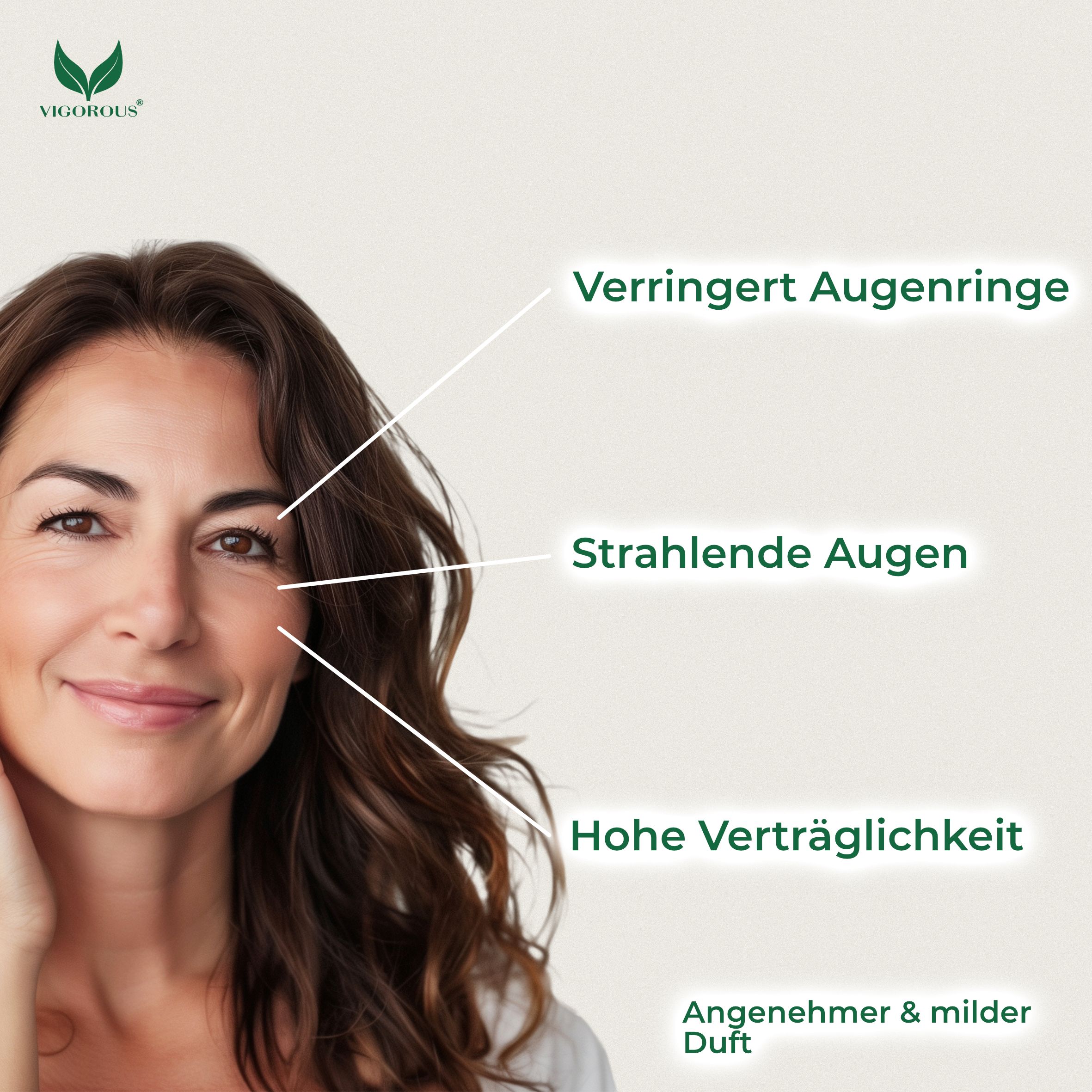 Frau mit braunen Haaren. Text: Verringert Augenringe, Strahlende Augen, Hohe Verträglichkeit. Angenehmer & milder Duft.