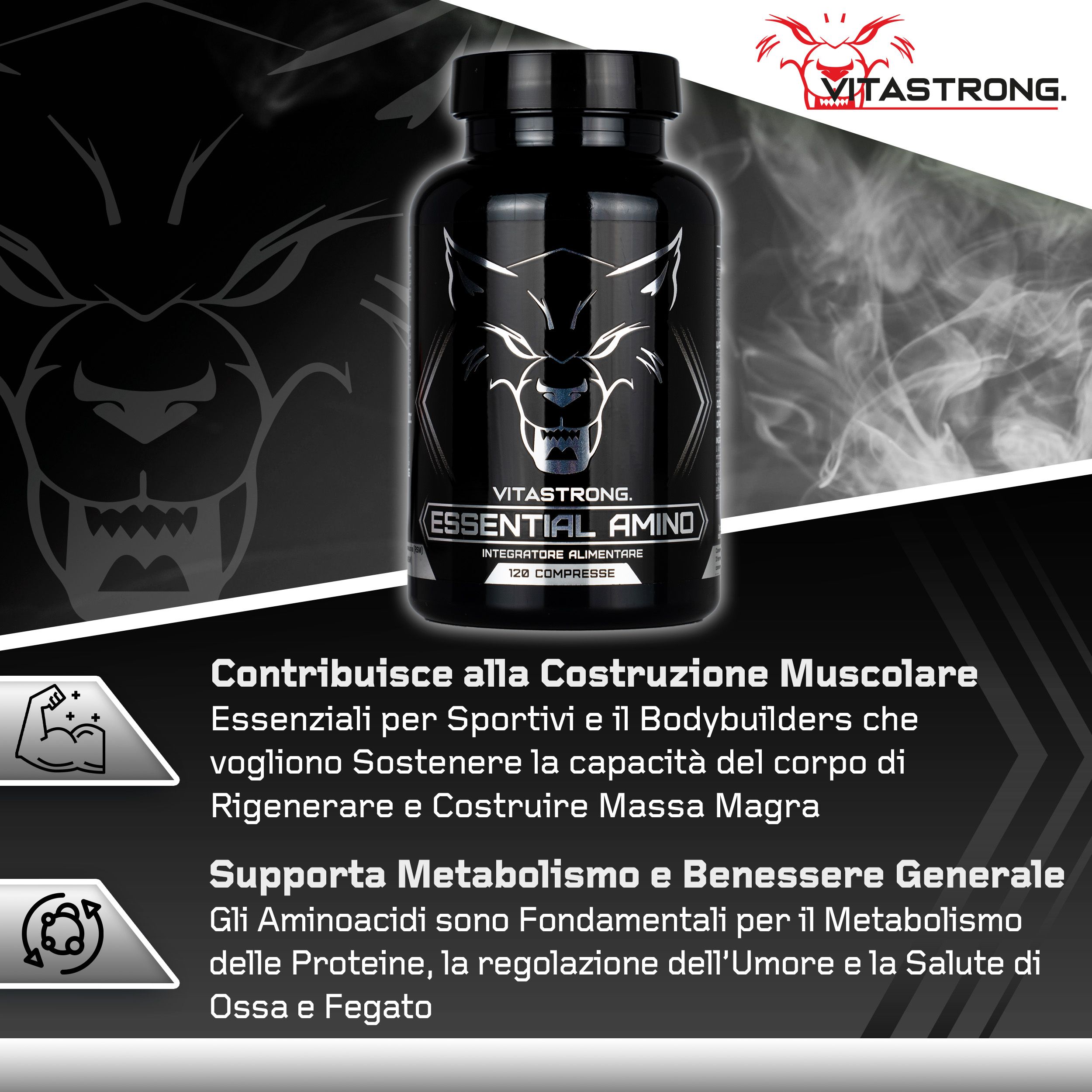Flacone "Vitastrong Essential Amino" e compresse su sfondo viola.