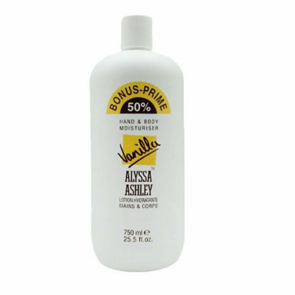 Weiße Flasche mit gelbem Etikett. Aufschrift: Alyssa Ashley Vanilla Hand & Body Moisturiser. 750 ml.