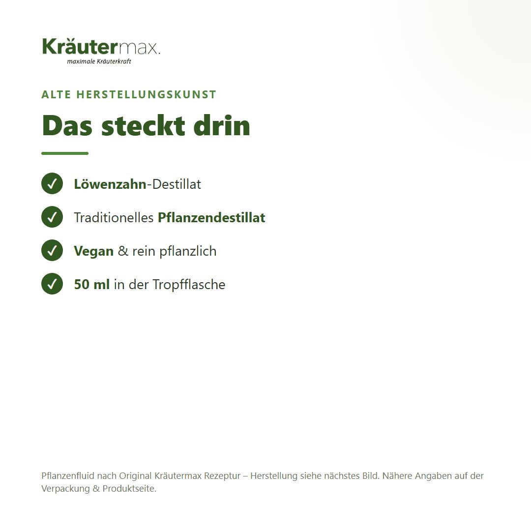 Informationen zu Kräutermax Löwenzahn Fluid: Enthält Löwenzahn-Destillat, traditionell, vegan, 50 ml Tropfflasche.