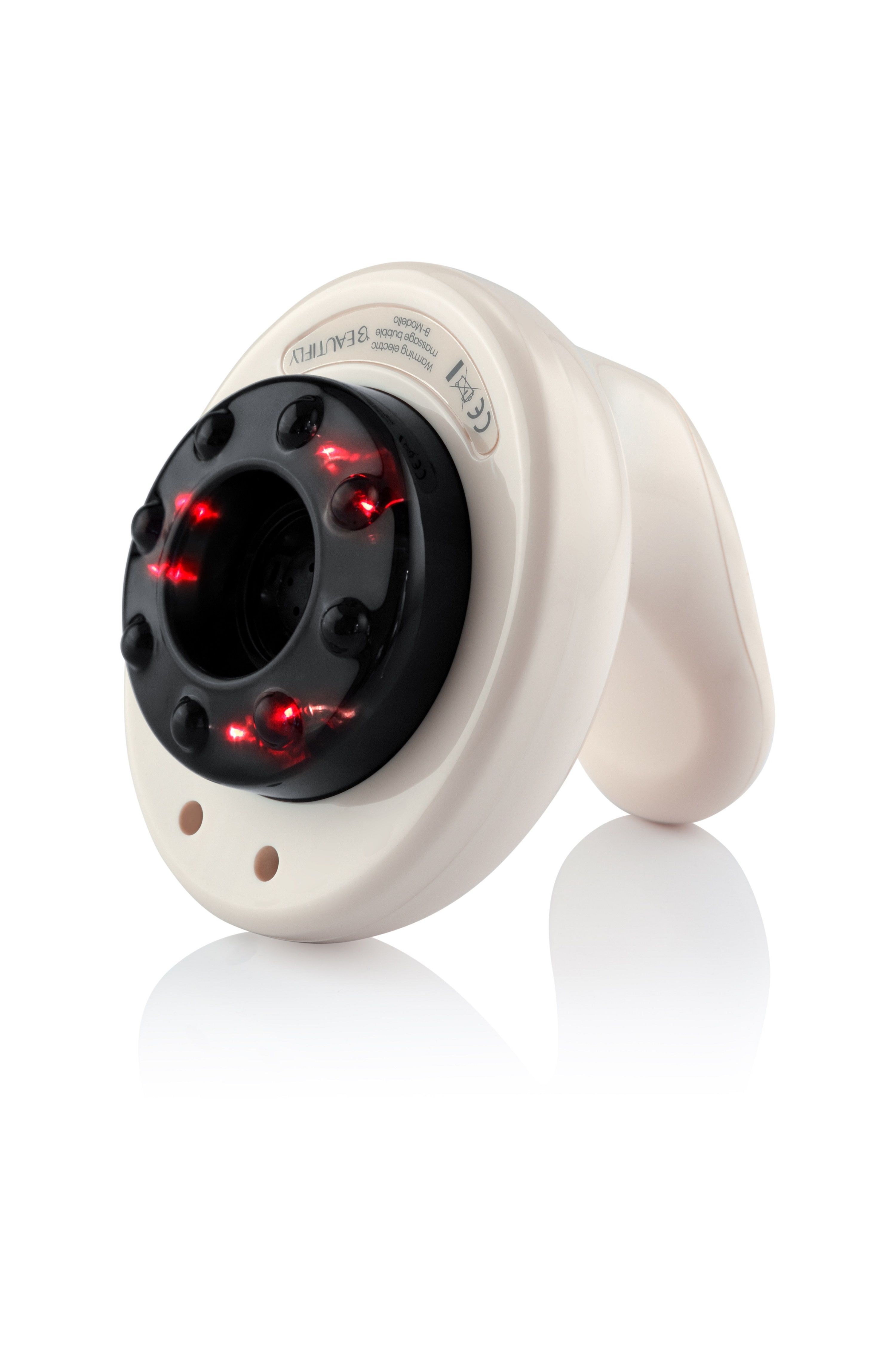 Weißes Massagegerät, Unterseite mit schwarzem Einsatz und roten Lichtern. Abgerundetes Design. CE-Kennzeichnung.