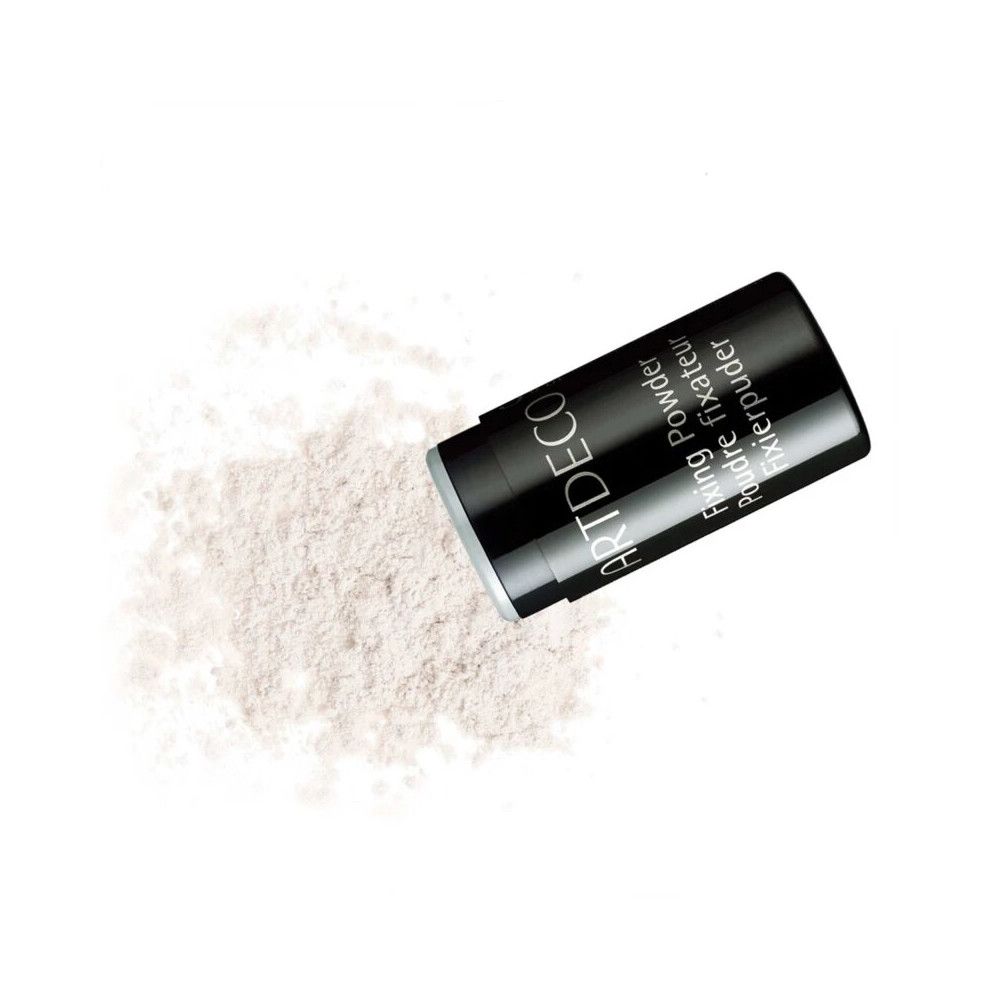 Schwarze Dose, geöffnet, mit Puder daneben. Aufschrift: ARTDECO, Fixing Powder, Poudre fixante, Fixierpuder.