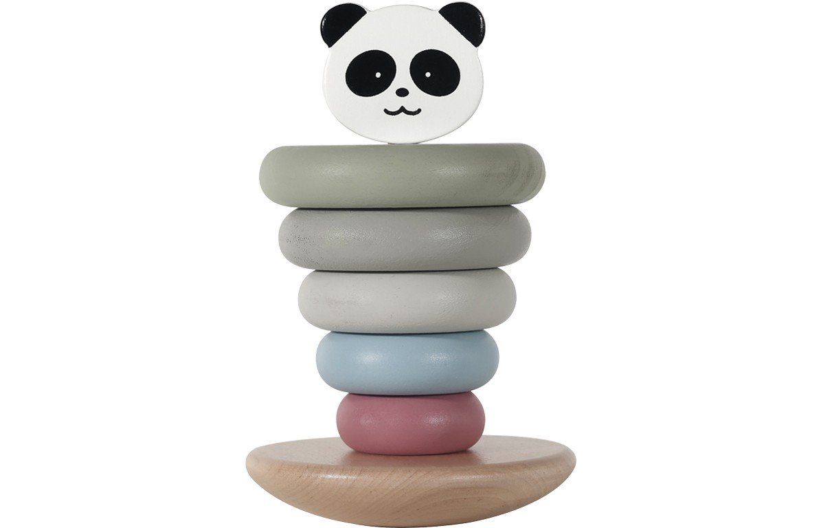 Stapelturm mit Panda-Kopf. Der Turm hat 7 Teile, einschließlich der Basis. Die Ringe sind farbig.