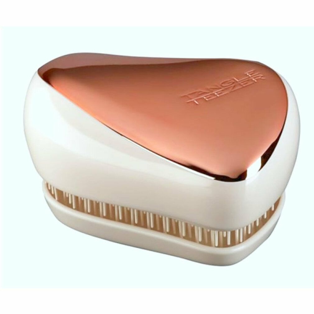 Kompakte Tangle Teezer Haarbürste, Roségold-Finish, weiße Basis, weiße Borsten.