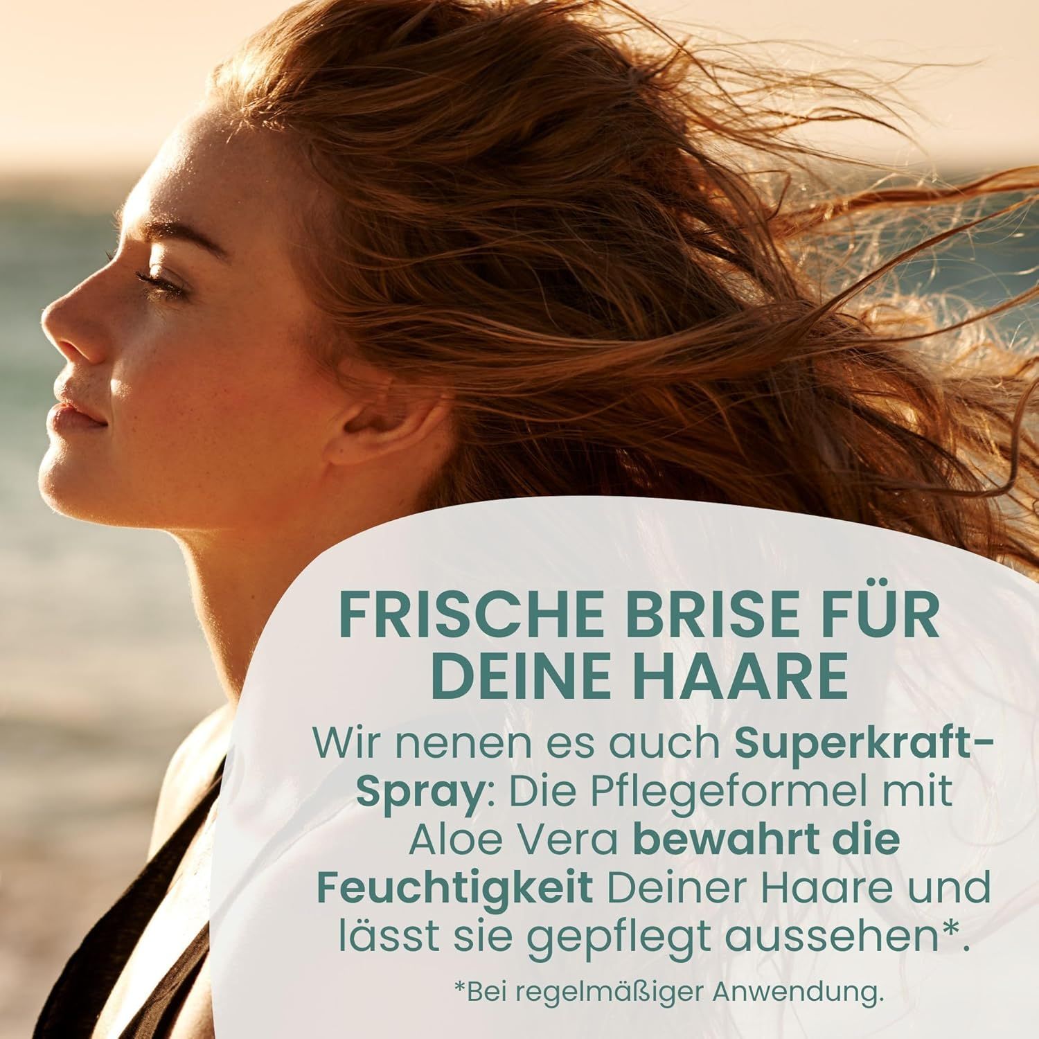 Frau mit wehenden Haaren. Text: "Frische Brise für deine Haare". Text über Aloe Vera und Feuchtigkeit.