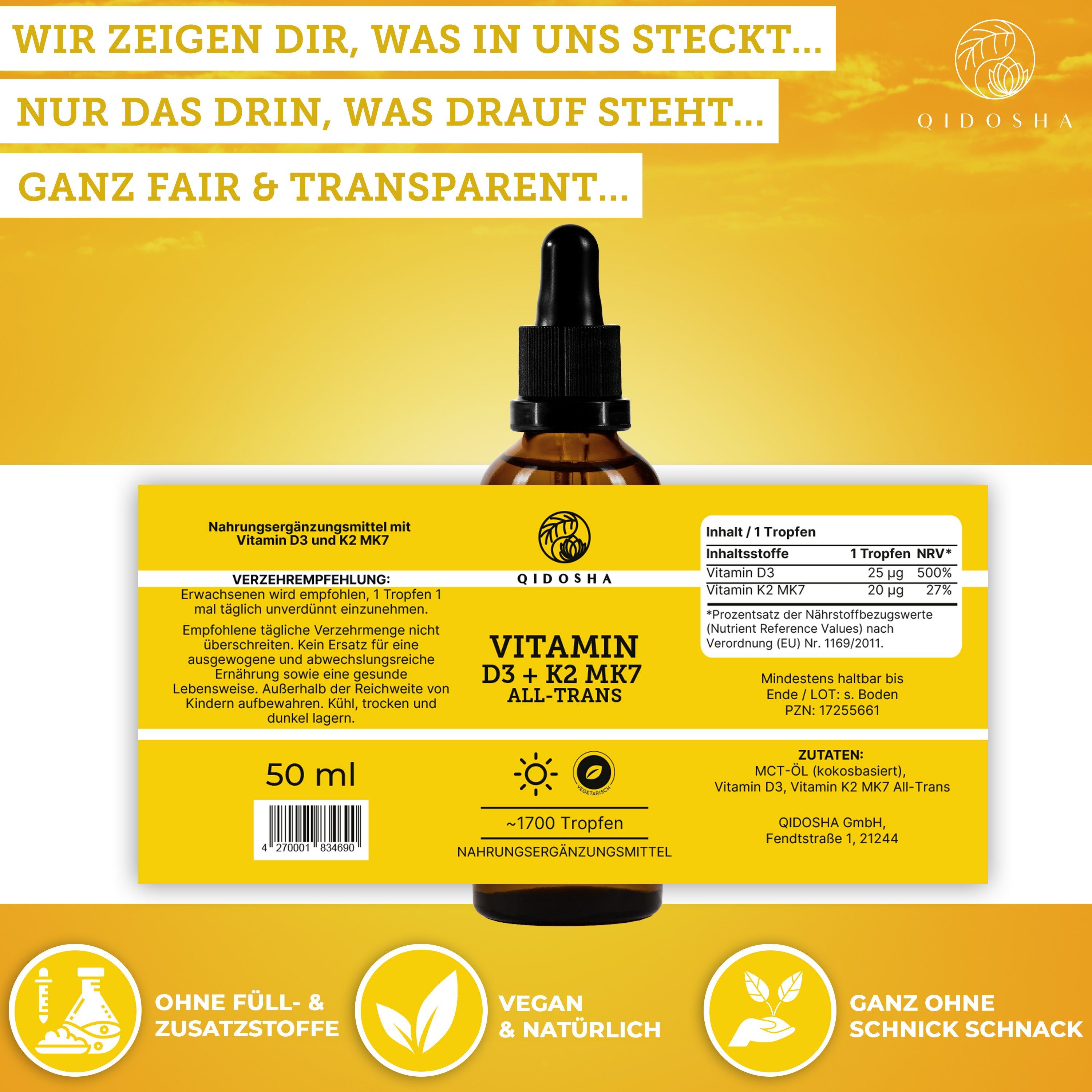 QIDOSHA Vitamin D3+K2 Tropfen: Flasche mit Pipette und gelbem Etikett mit Nährwertangaben und 50 ml Angabe.
