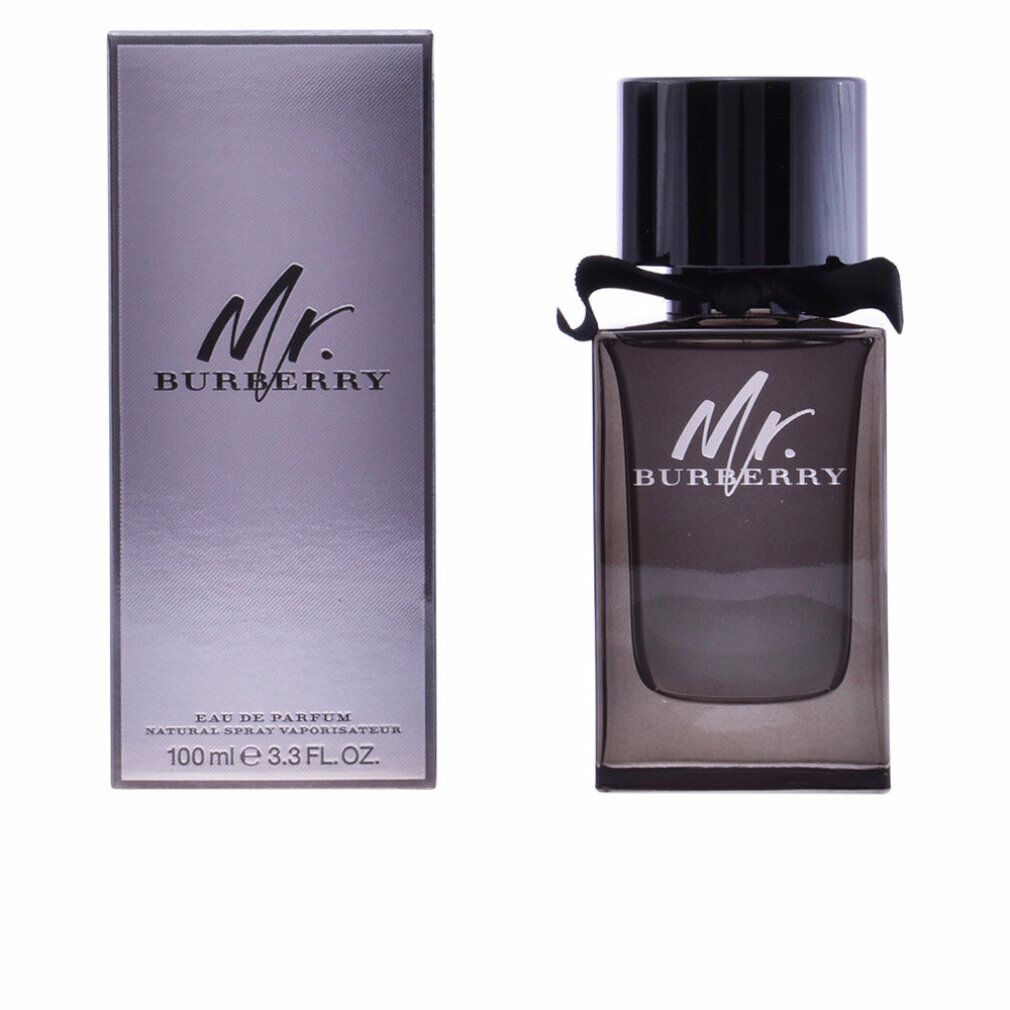 Flakon und Verpackung. Flakon: dunkelgrau, schwarzer Verschluss und Schleife. Verpackung: grau. Schriftzug: Mr. Burberry.