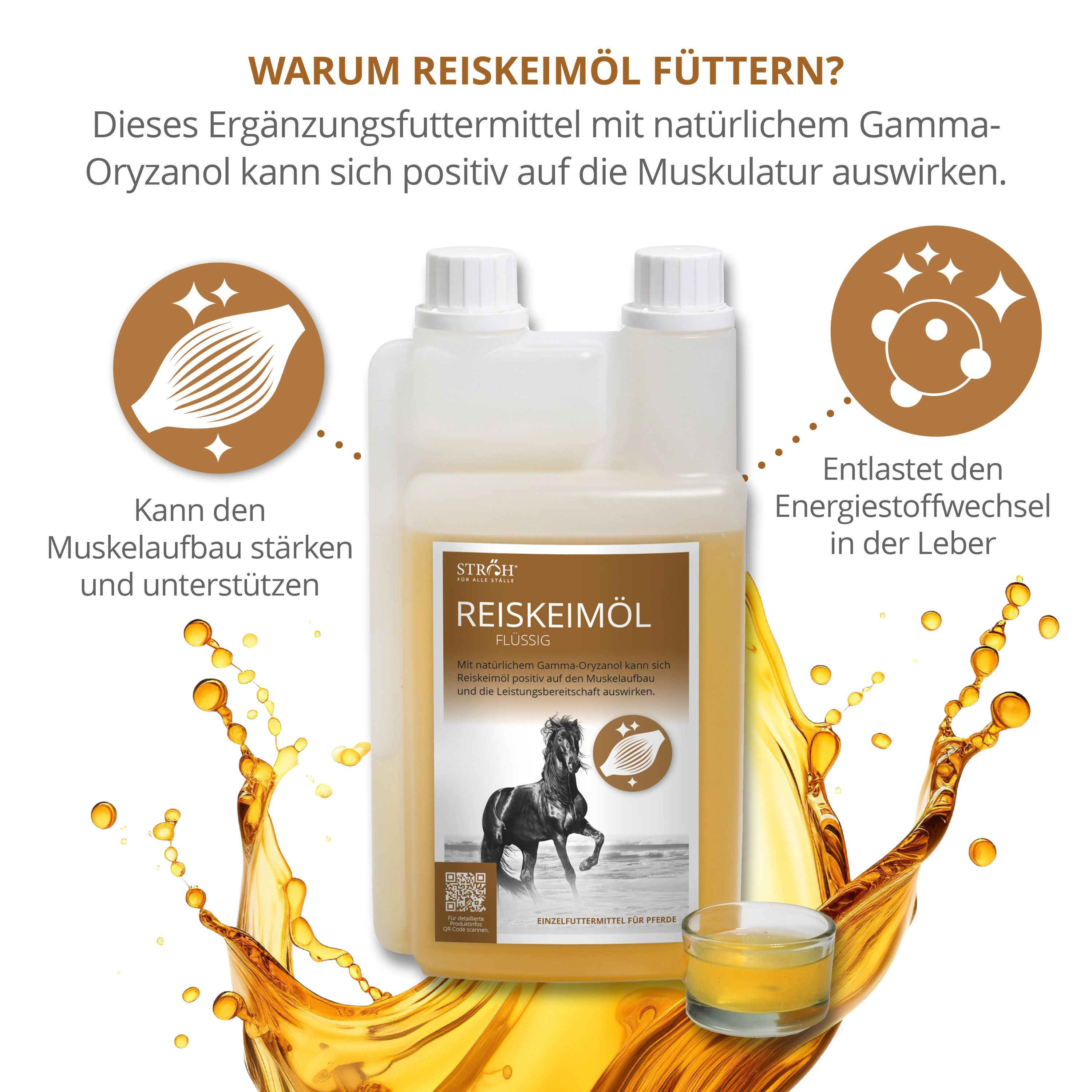 Reiskeimöl-Flasche mit Etikett und Produktbezeichnung. Kleines Glas mit Öl daneben. Gelber Farbspritzer.