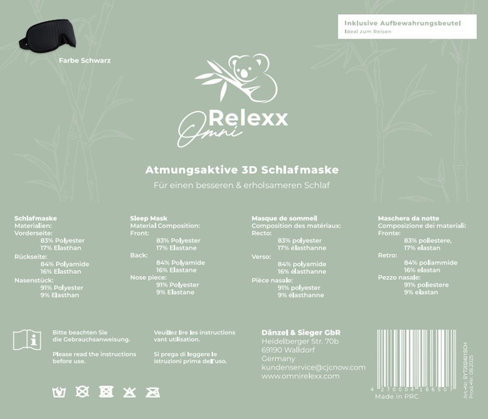 Produktverpackung. Schlafmaske, Text: Atmungsaktive 3D Schlafmaske. Materialangaben.